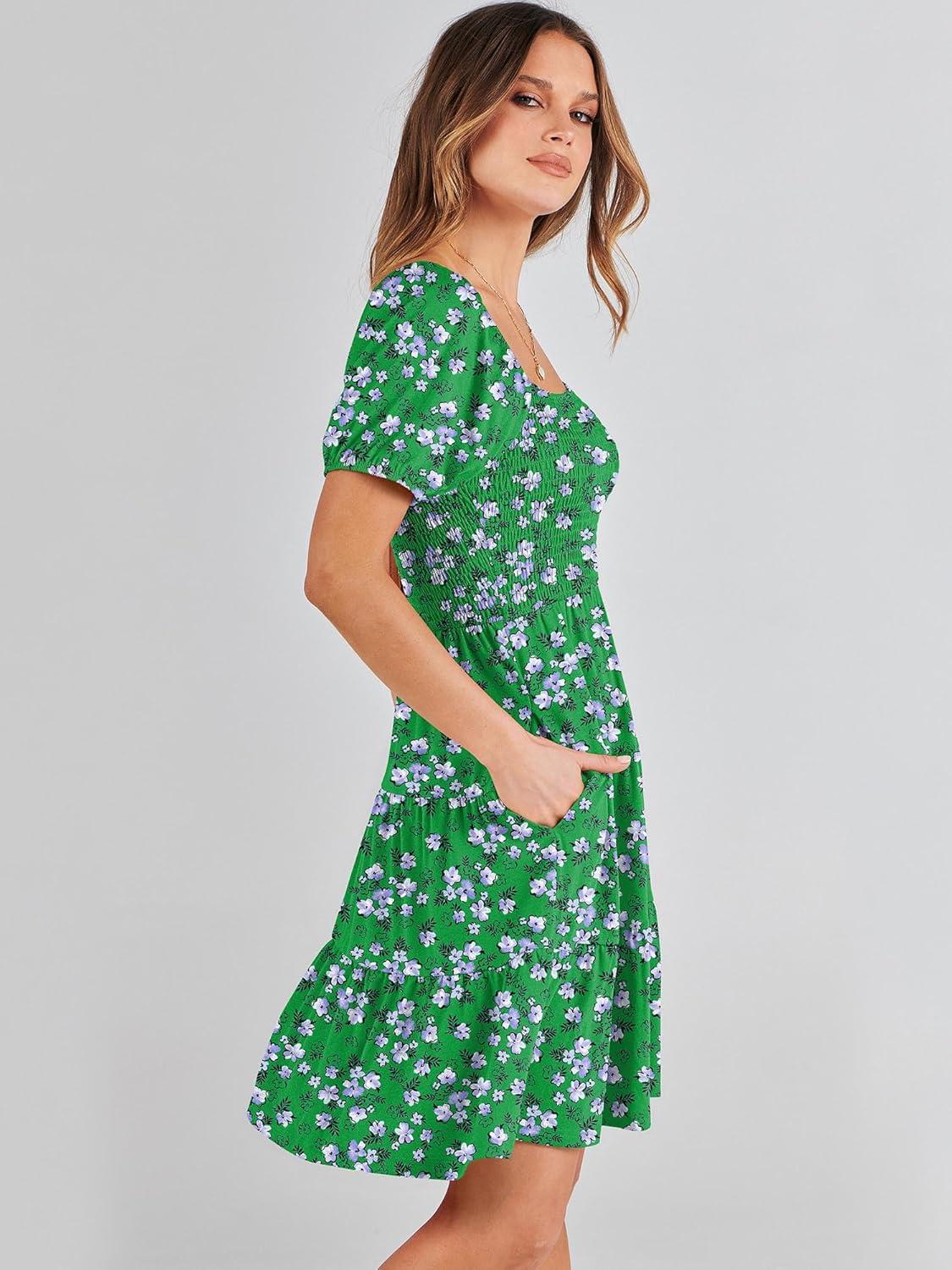 imageANRABESS Womens 2025 Summer Casual Dress Square Neck Puff Sleeve Boho Beach Vacation Short DressGreen Floral