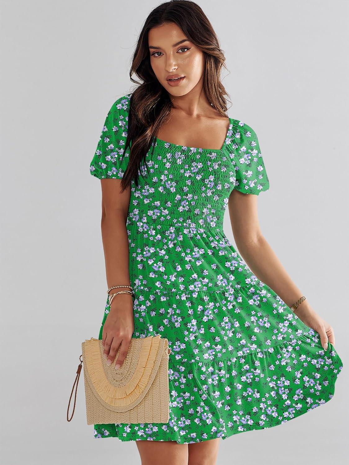 imageANRABESS Womens 2025 Summer Casual Dress Square Neck Puff Sleeve Boho Beach Vacation Short DressGreen Floral