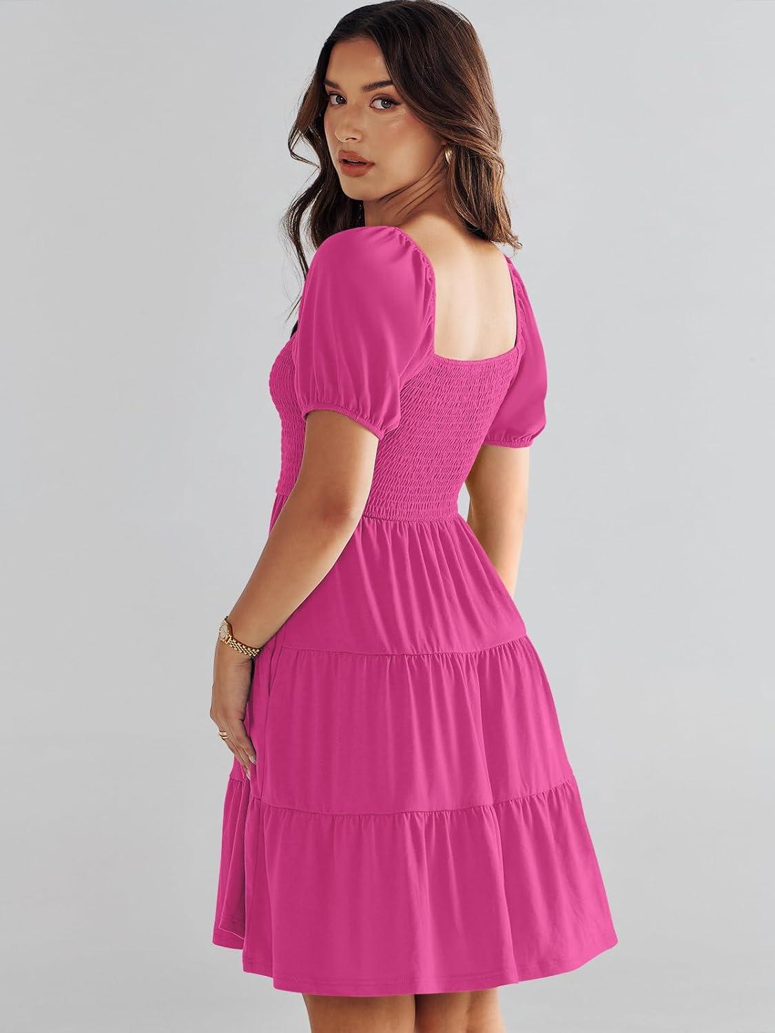 imageANRABESS Womens 2025 Summer Casual Dress Square Neck Puff Sleeve Boho Beach Vacation Short DressHot Pink