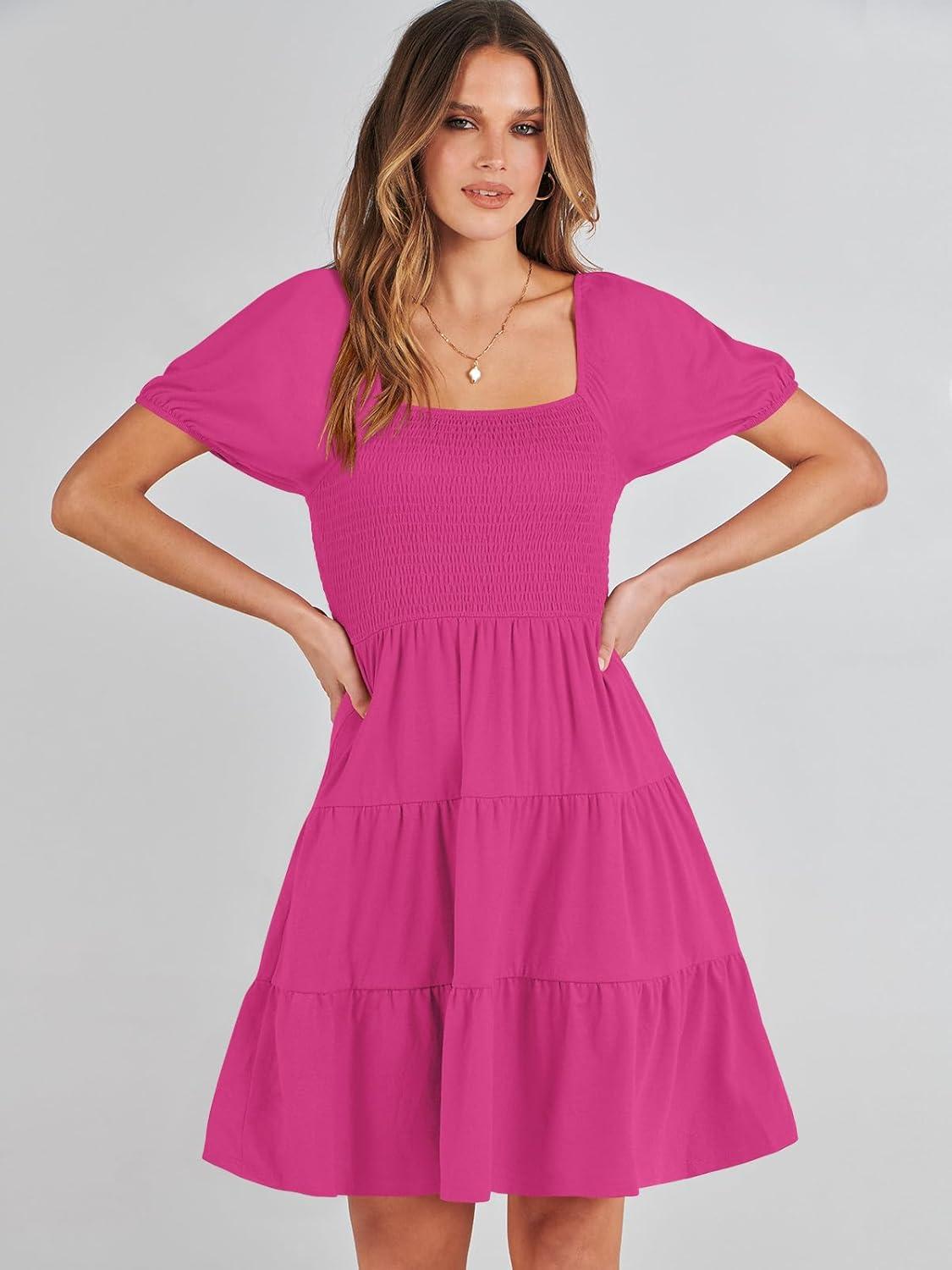 imageANRABESS Womens 2025 Summer Casual Dress Square Neck Puff Sleeve Boho Beach Vacation Short DressHot Pink