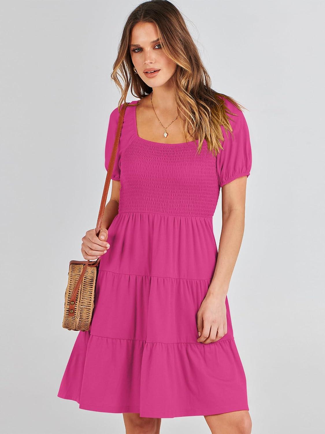 imageANRABESS Womens 2025 Summer Casual Dress Square Neck Puff Sleeve Boho Beach Vacation Short DressHot Pink