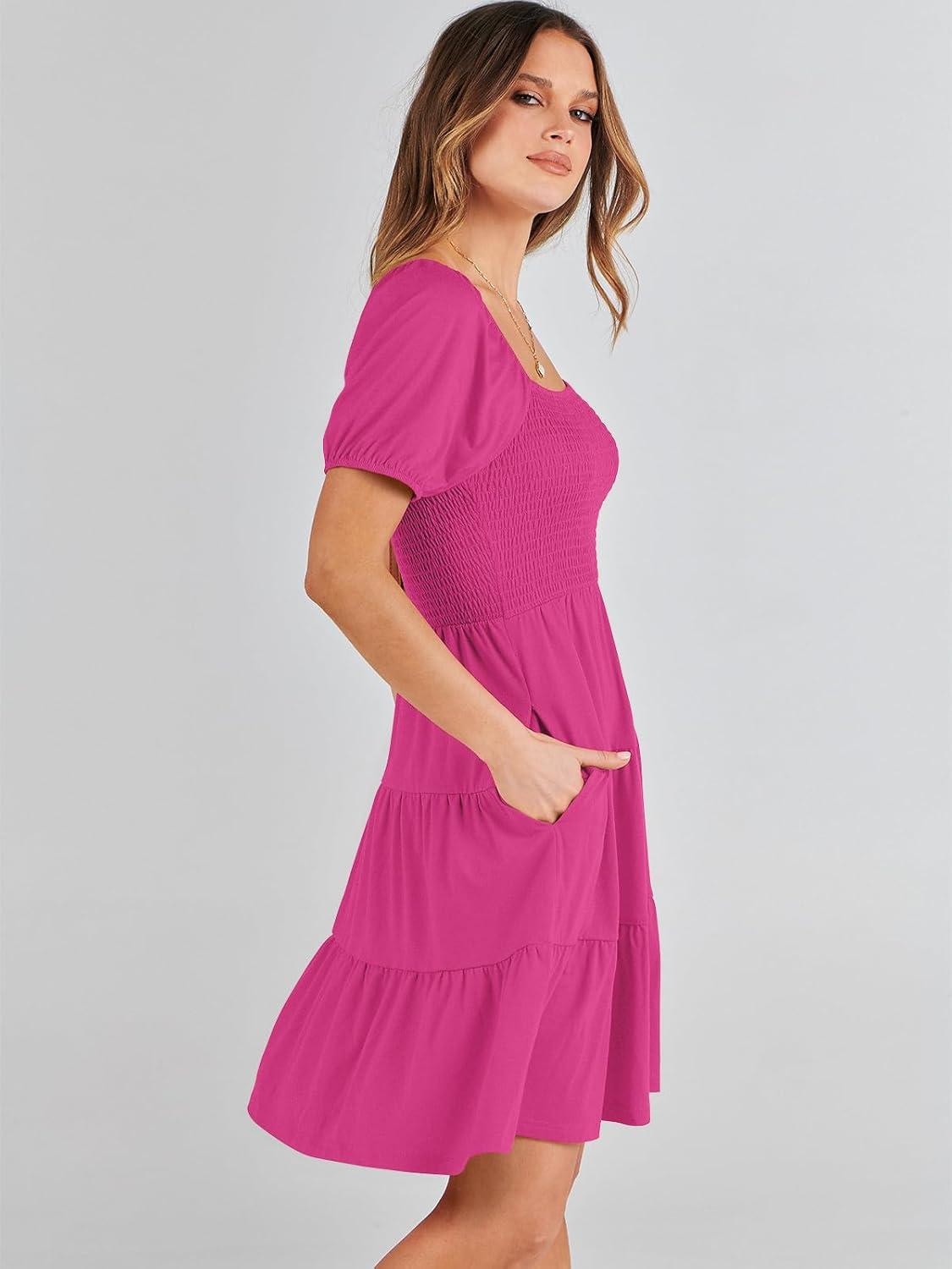 imageANRABESS Womens 2025 Summer Casual Dress Square Neck Puff Sleeve Boho Beach Vacation Short DressHot Pink