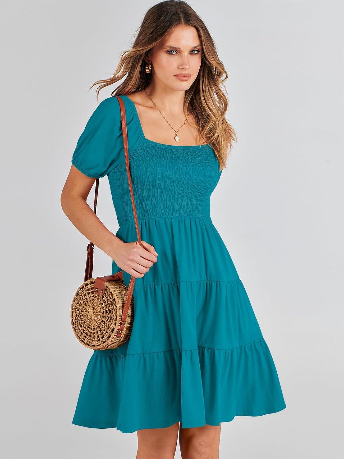 imageANRABESS Womens 2025 Summer Casual Dress Square Neck Puff Sleeve Boho Beach Vacation Short DressLake Green Teal