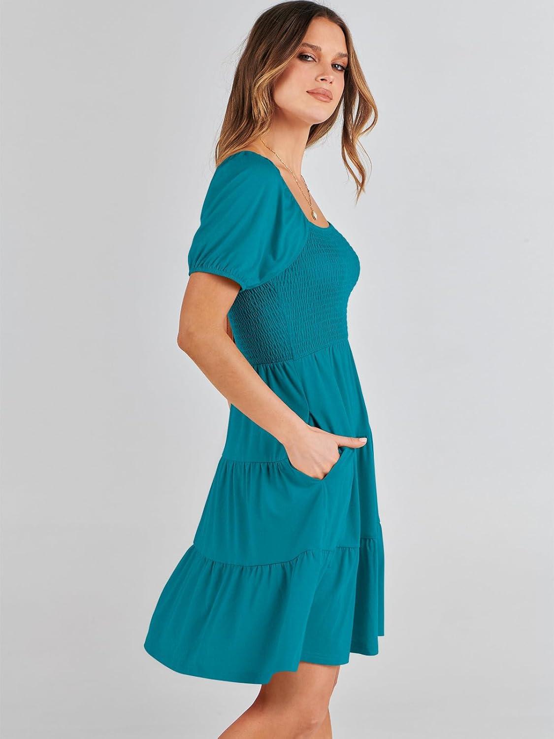 imageANRABESS Womens 2025 Summer Casual Dress Square Neck Puff Sleeve Boho Beach Vacation Short DressLake Green Teal