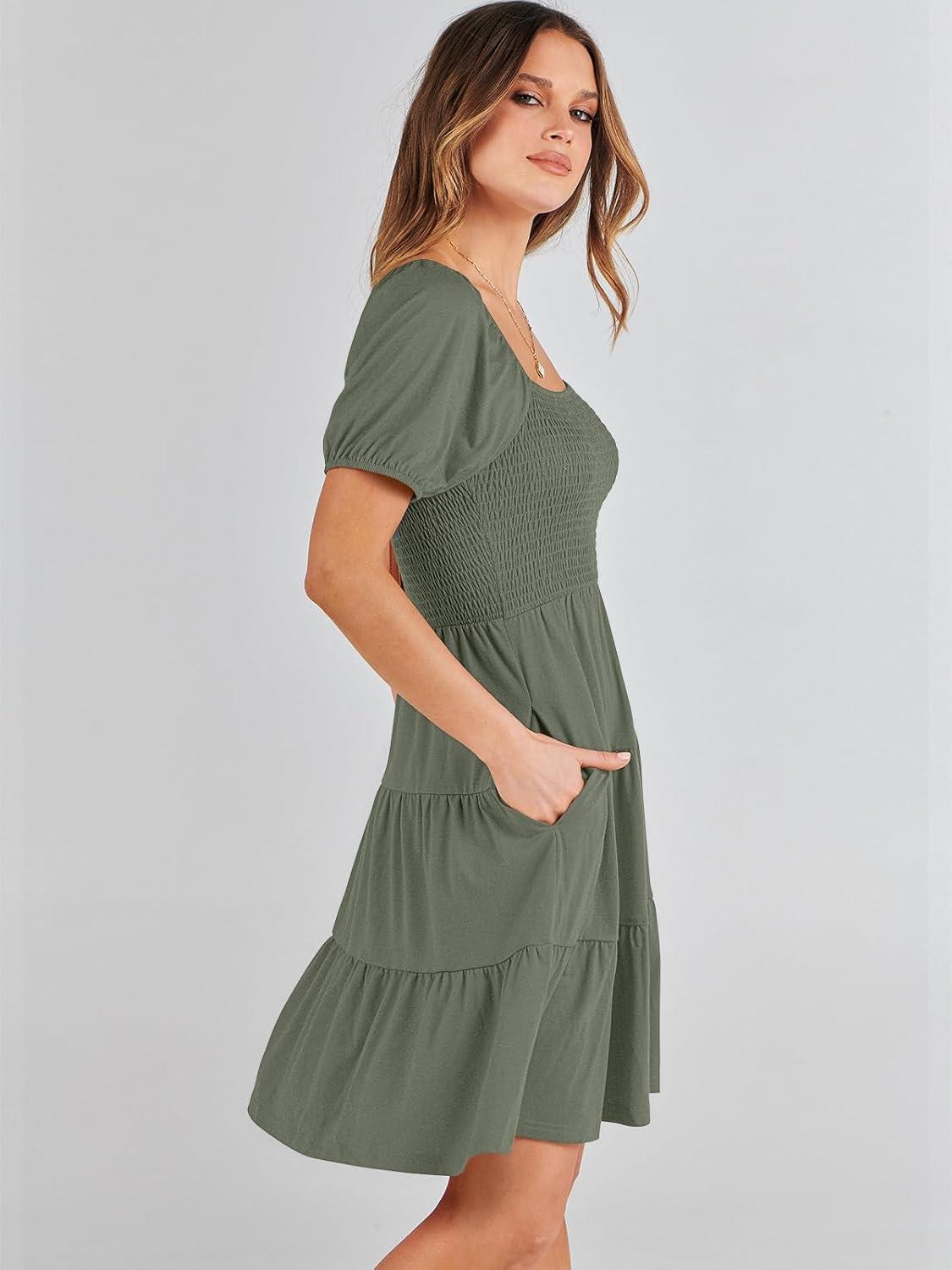 imageANRABESS Womens 2025 Summer Casual Dress Square Neck Puff Sleeve Boho Beach Vacation Short DressOlive Green