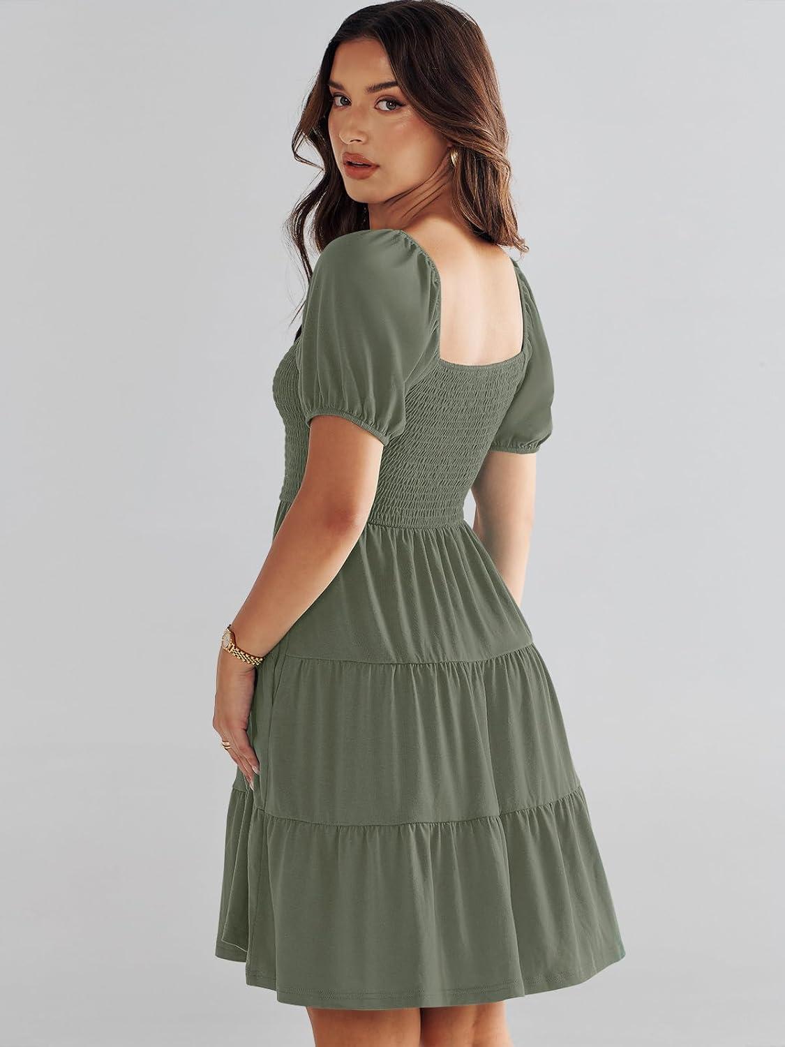 imageANRABESS Womens 2025 Summer Casual Dress Square Neck Puff Sleeve Boho Beach Vacation Short DressOlive Green