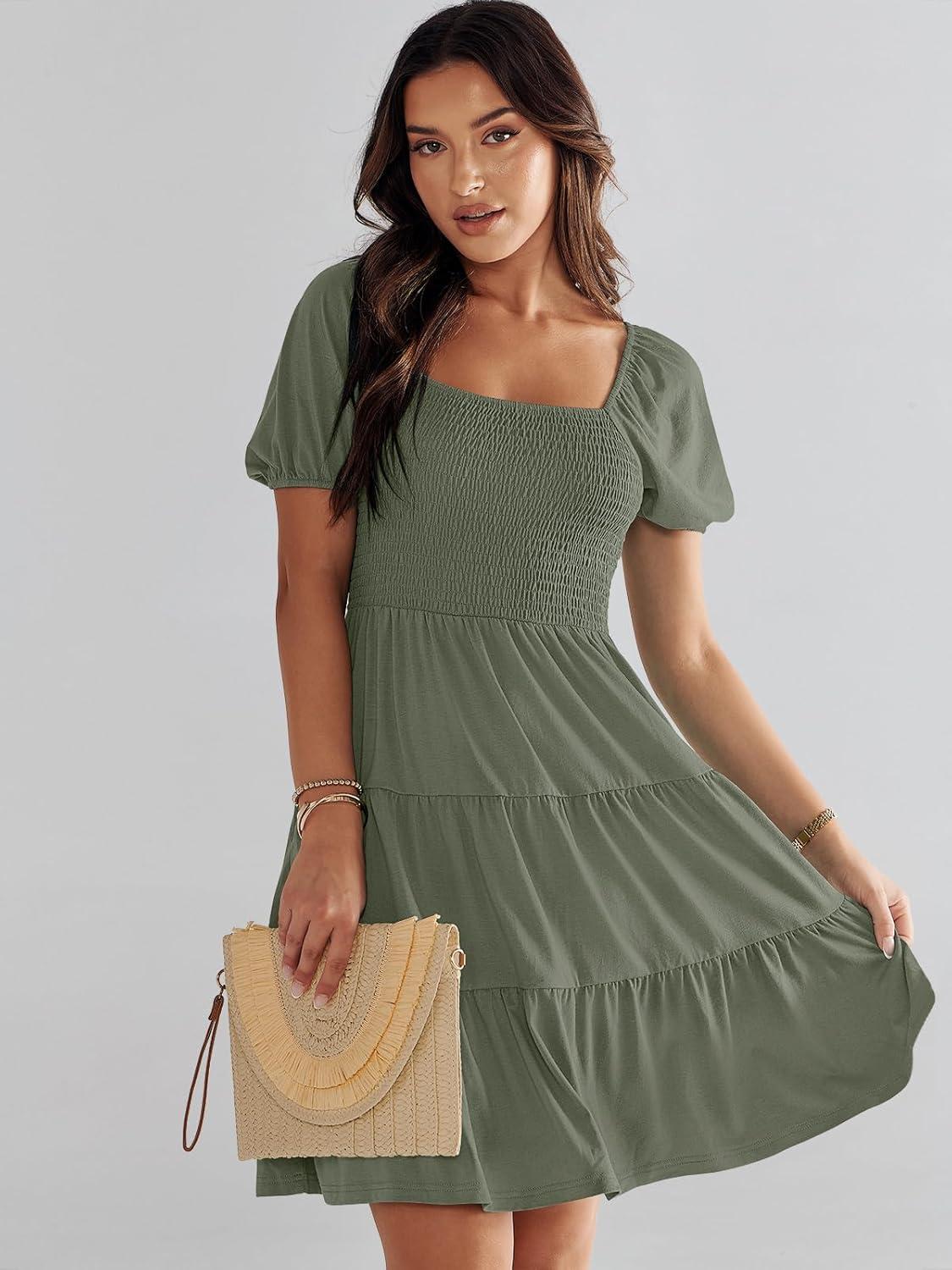 imageANRABESS Womens 2025 Summer Casual Dress Square Neck Puff Sleeve Boho Beach Vacation Short DressOlive Green
