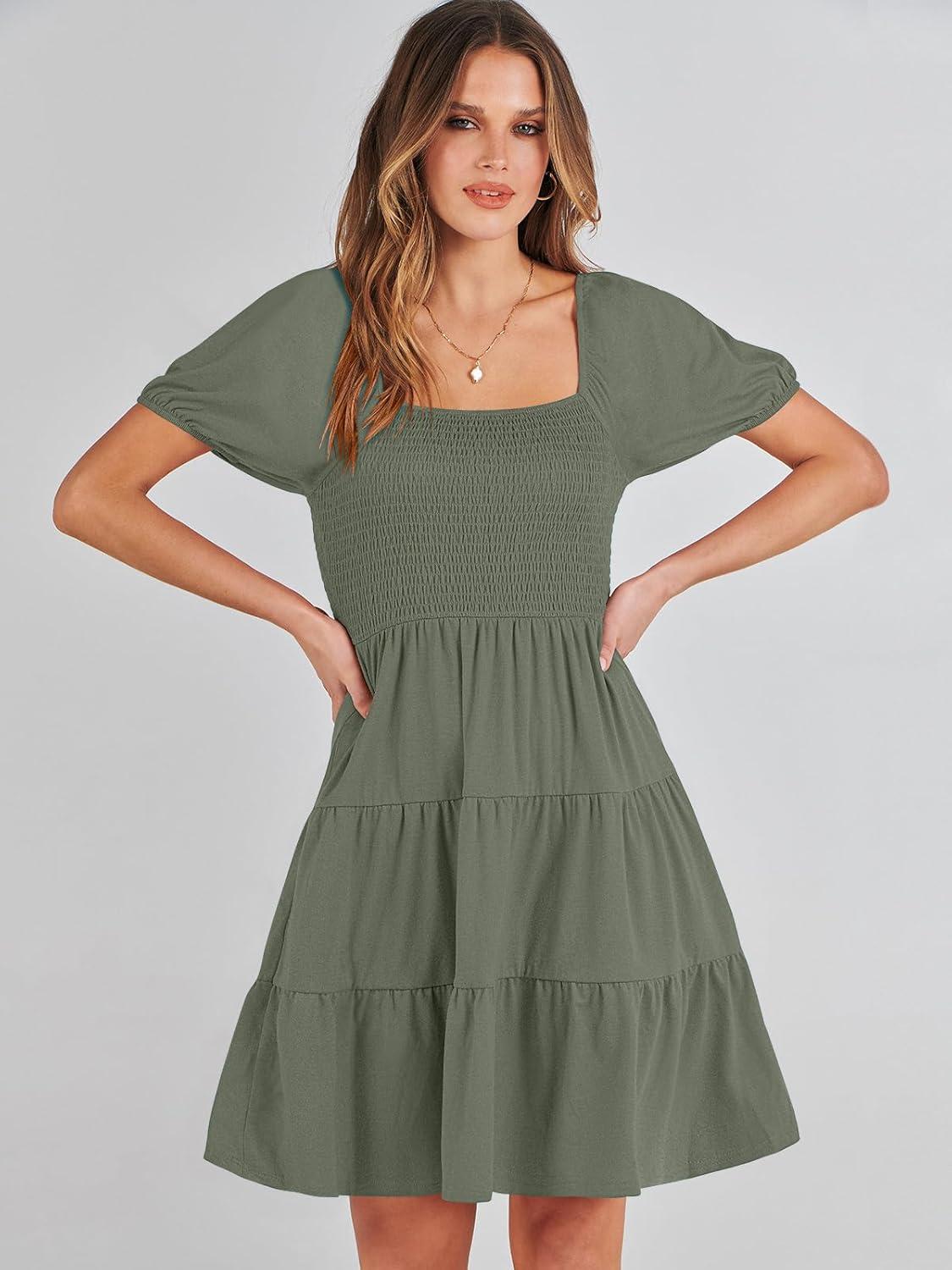 imageANRABESS Womens 2025 Summer Casual Dress Square Neck Puff Sleeve Boho Beach Vacation Short DressOlive Green