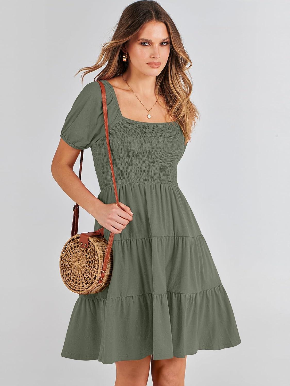 imageANRABESS Womens 2025 Summer Casual Dress Square Neck Puff Sleeve Boho Beach Vacation Short DressOlive Green