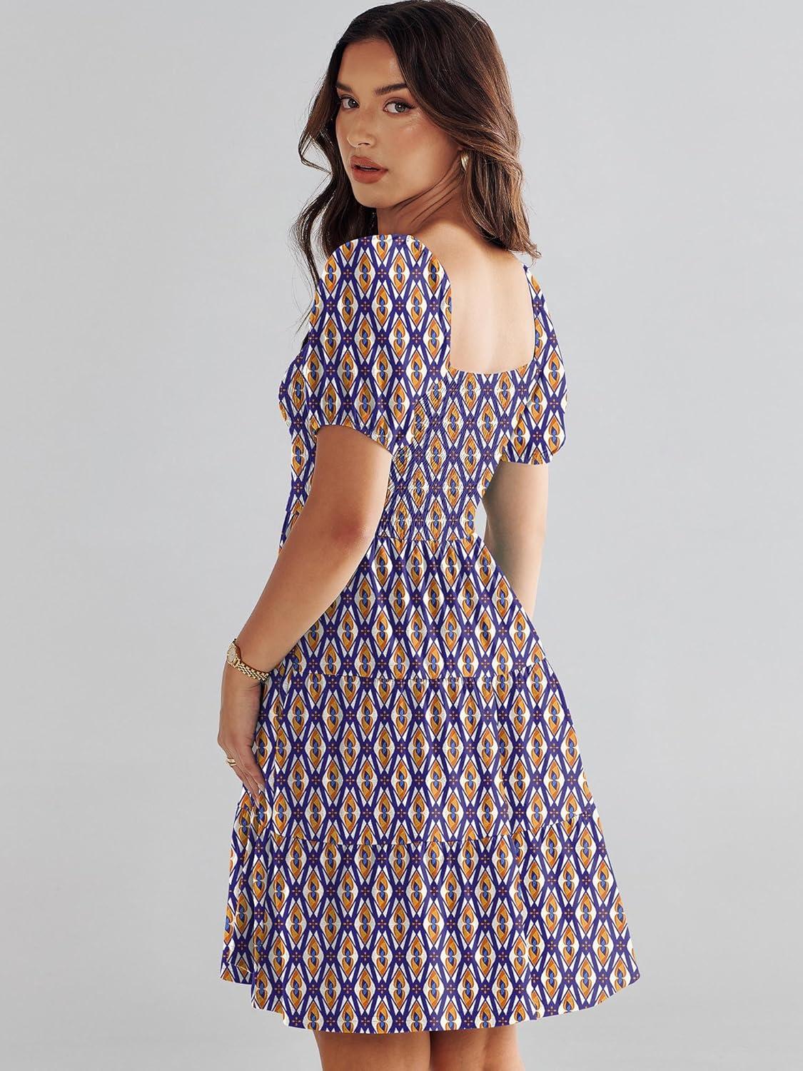 imageANRABESS Womens 2025 Summer Casual Dress Square Neck Puff Sleeve Boho Beach Vacation Short DressOrange Diamond