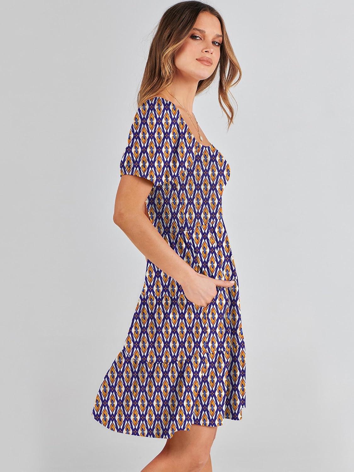 imageANRABESS Womens 2025 Summer Casual Dress Square Neck Puff Sleeve Boho Beach Vacation Short DressOrange Diamond