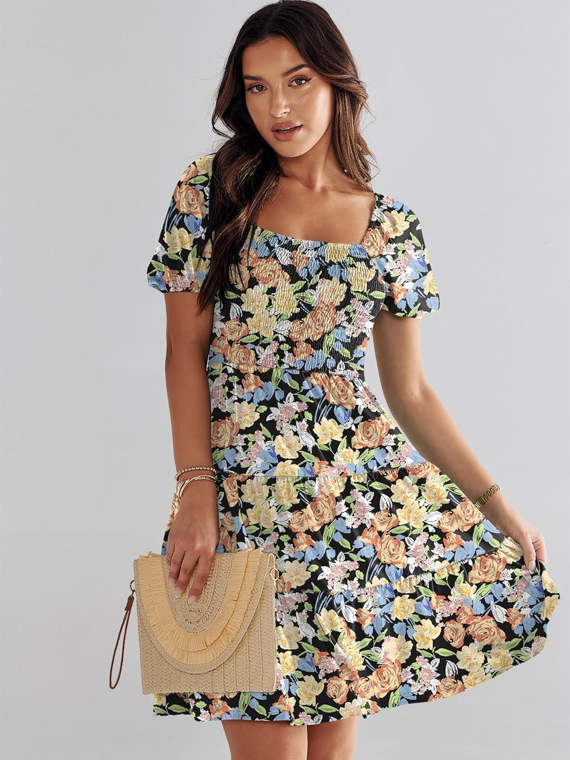 imageANRABESS Womens 2025 Summer Casual Dress Square Neck Puff Sleeve Boho Beach Vacation Short DressOrange Floral