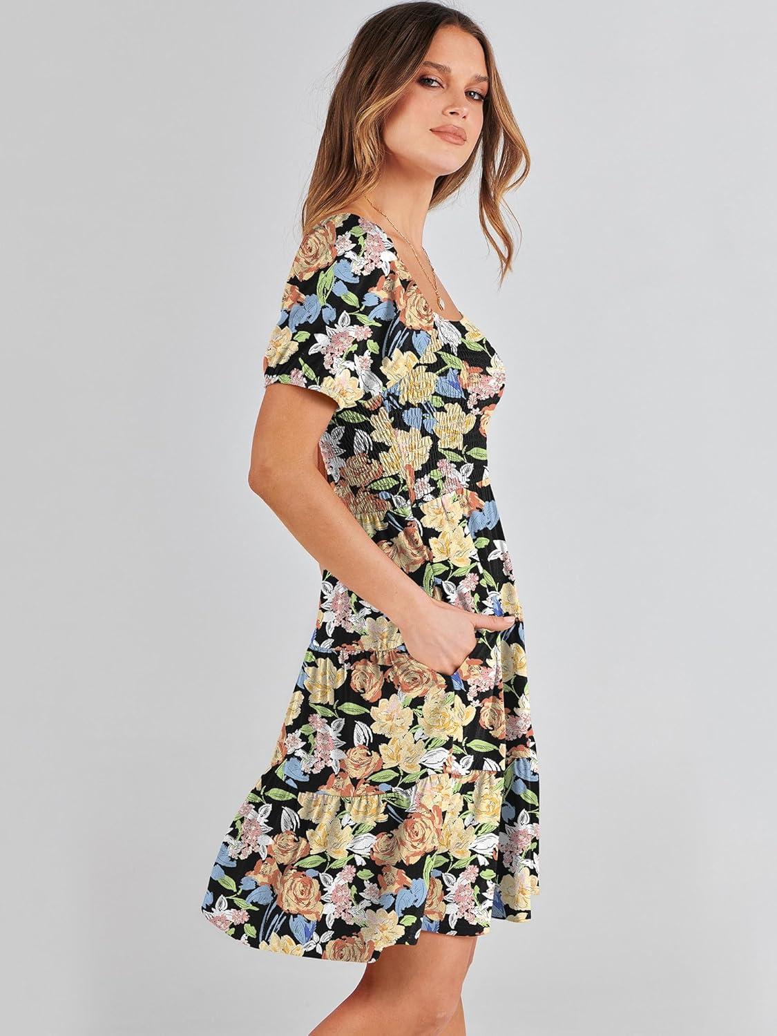 imageANRABESS Womens 2025 Summer Casual Dress Square Neck Puff Sleeve Boho Beach Vacation Short DressOrange Floral