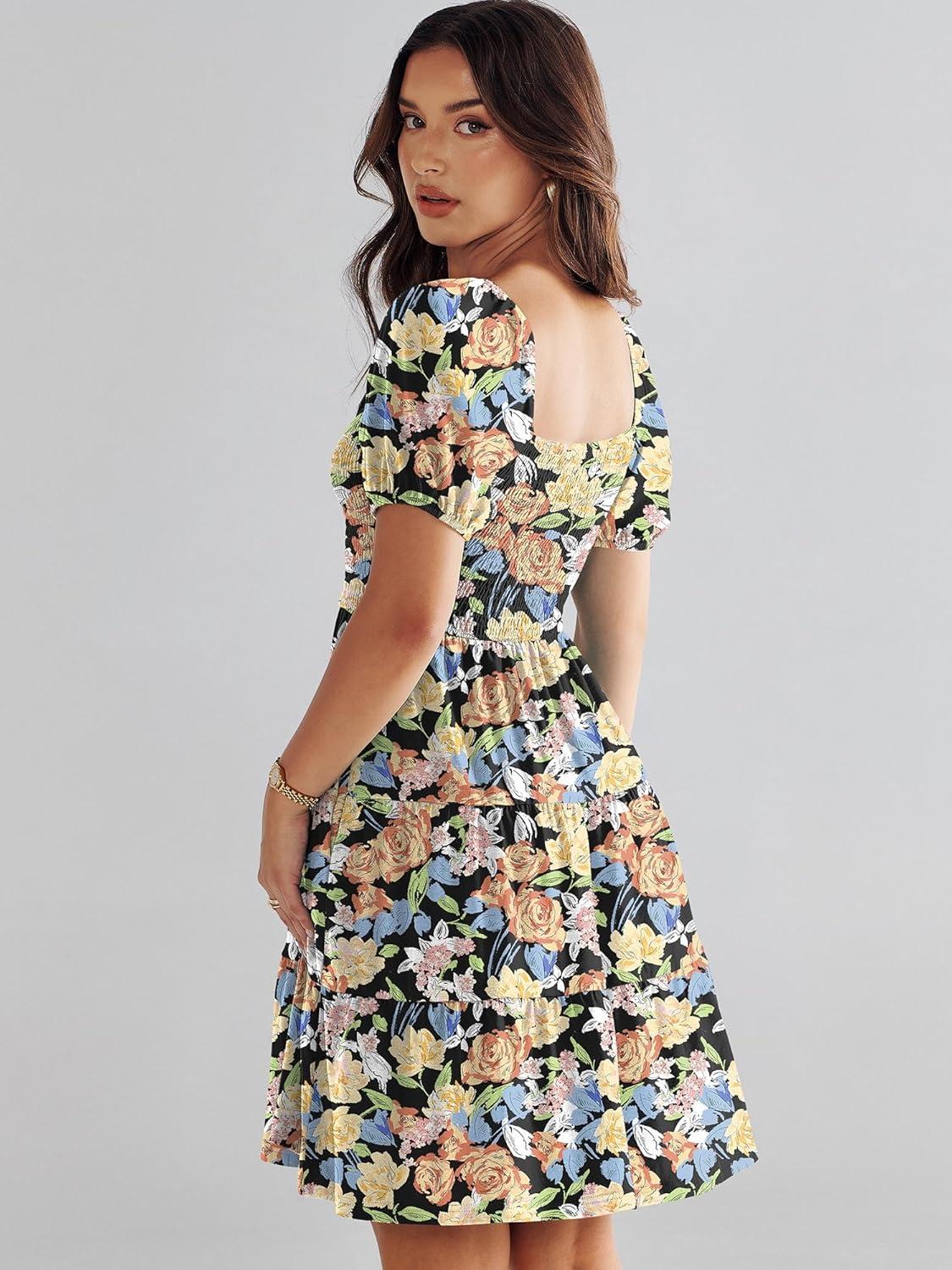 imageANRABESS Womens 2025 Summer Casual Dress Square Neck Puff Sleeve Boho Beach Vacation Short DressOrange Floral