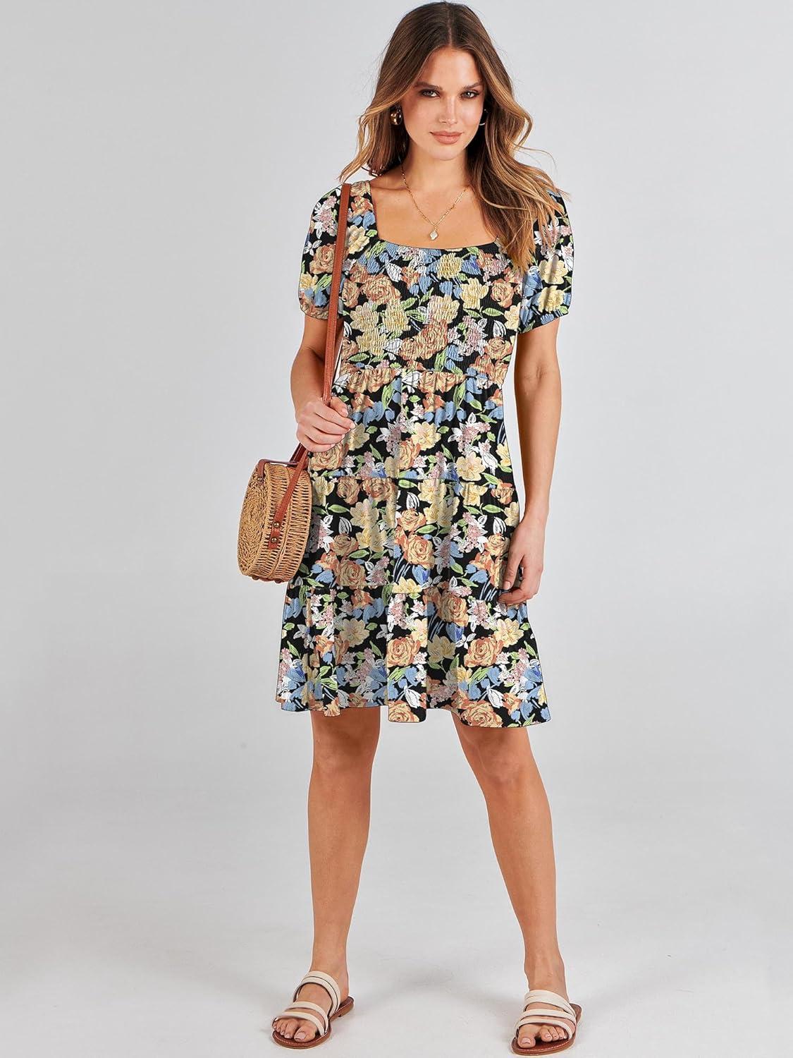 imageANRABESS Womens 2025 Summer Casual Dress Square Neck Puff Sleeve Boho Beach Vacation Short DressOrange Floral