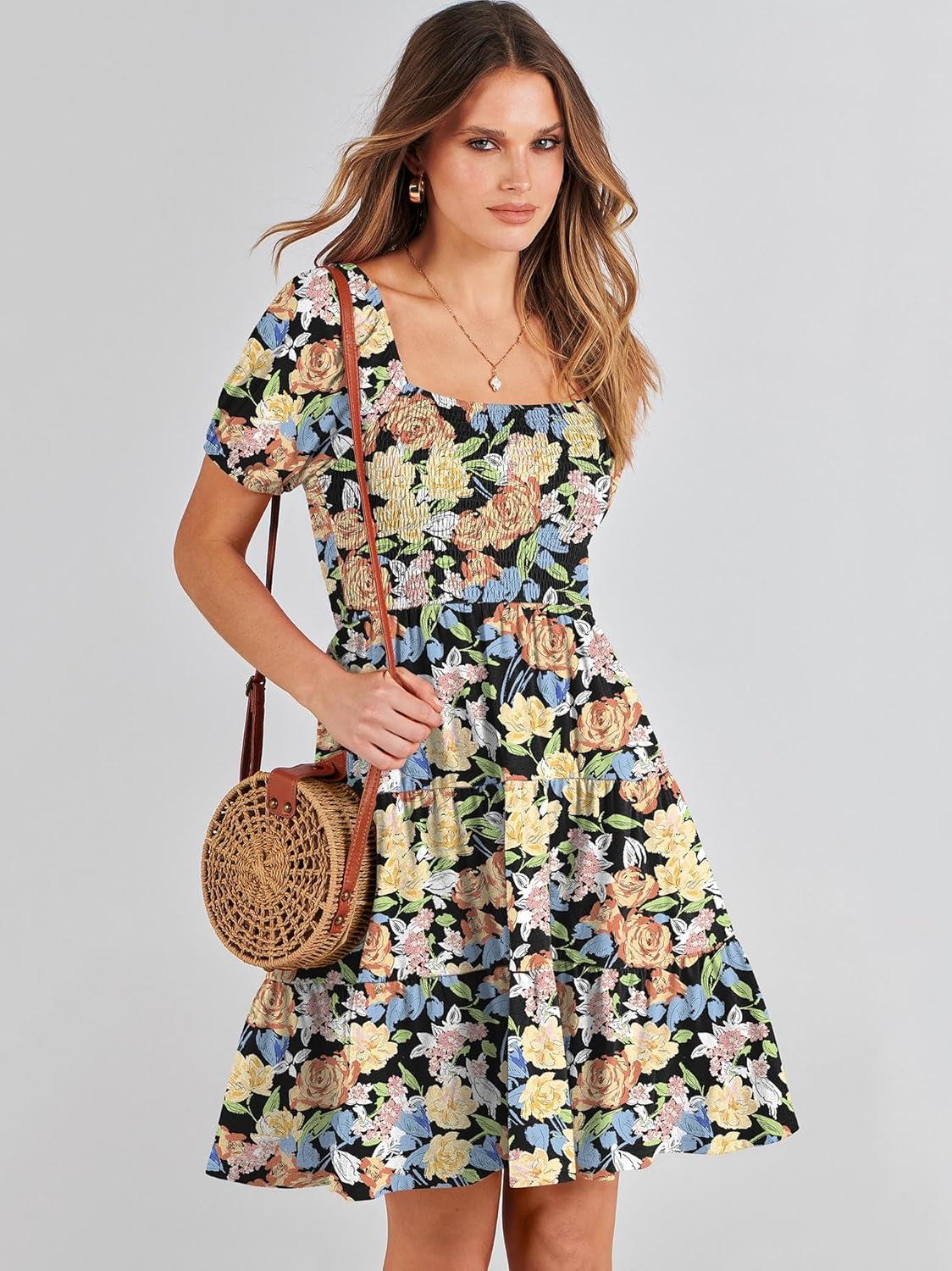 imageANRABESS Womens 2025 Summer Casual Dress Square Neck Puff Sleeve Boho Beach Vacation Short DressOrange Floral