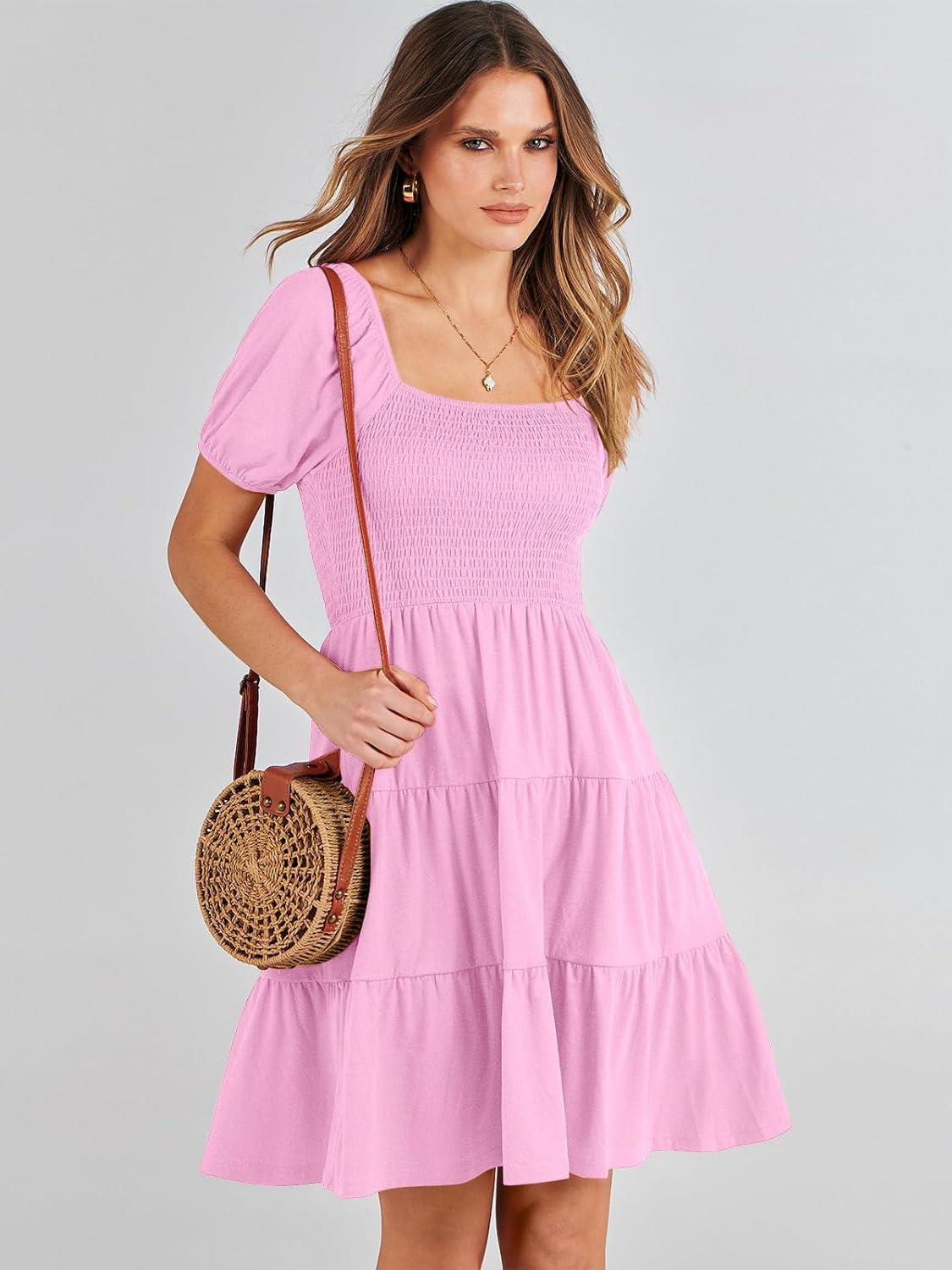 imageANRABESS Womens 2025 Summer Casual Dress Square Neck Puff Sleeve Boho Beach Vacation Short DressPink