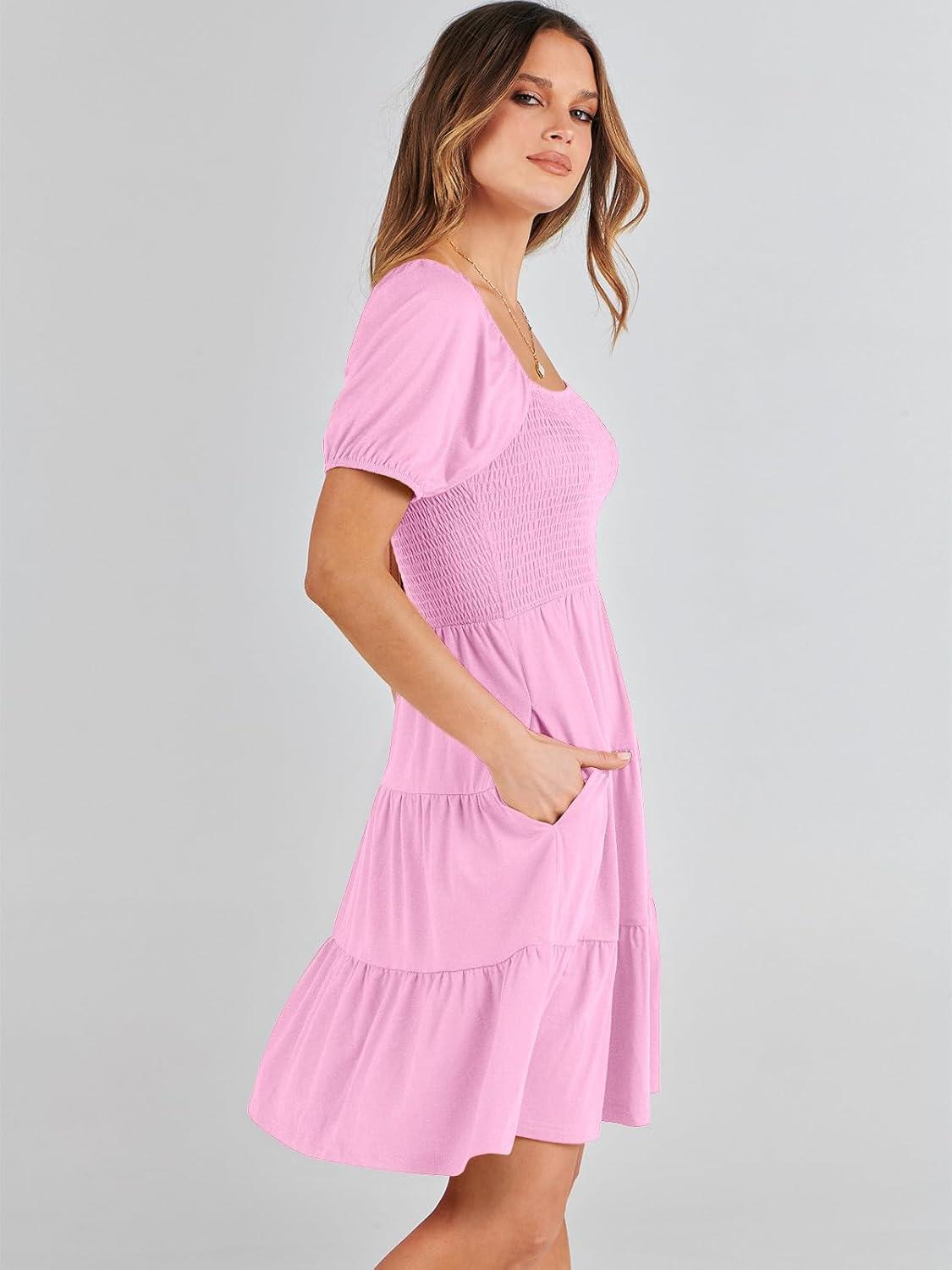 imageANRABESS Womens 2025 Summer Casual Dress Square Neck Puff Sleeve Boho Beach Vacation Short DressPink