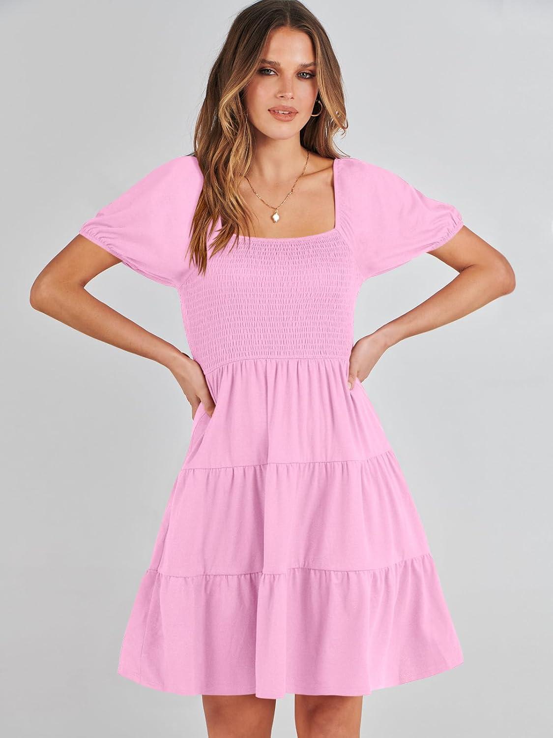 imageANRABESS Womens 2025 Summer Casual Dress Square Neck Puff Sleeve Boho Beach Vacation Short DressPink