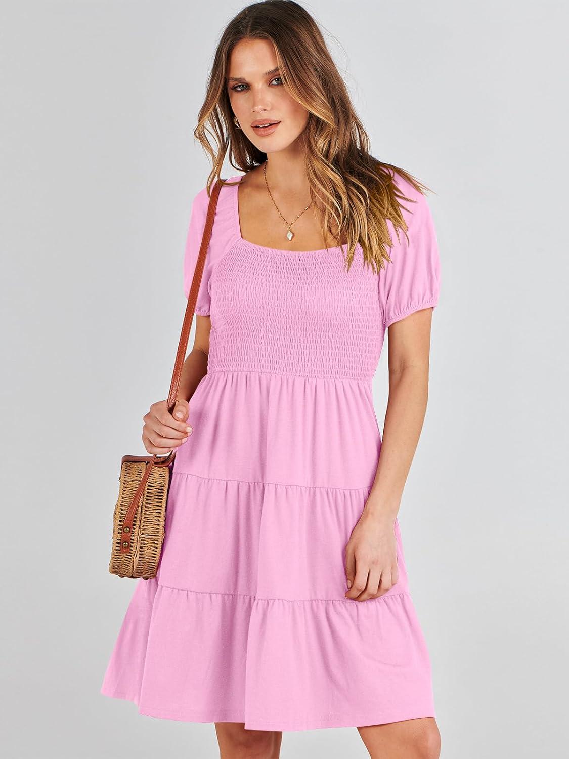 imageANRABESS Womens 2025 Summer Casual Dress Square Neck Puff Sleeve Boho Beach Vacation Short DressPink