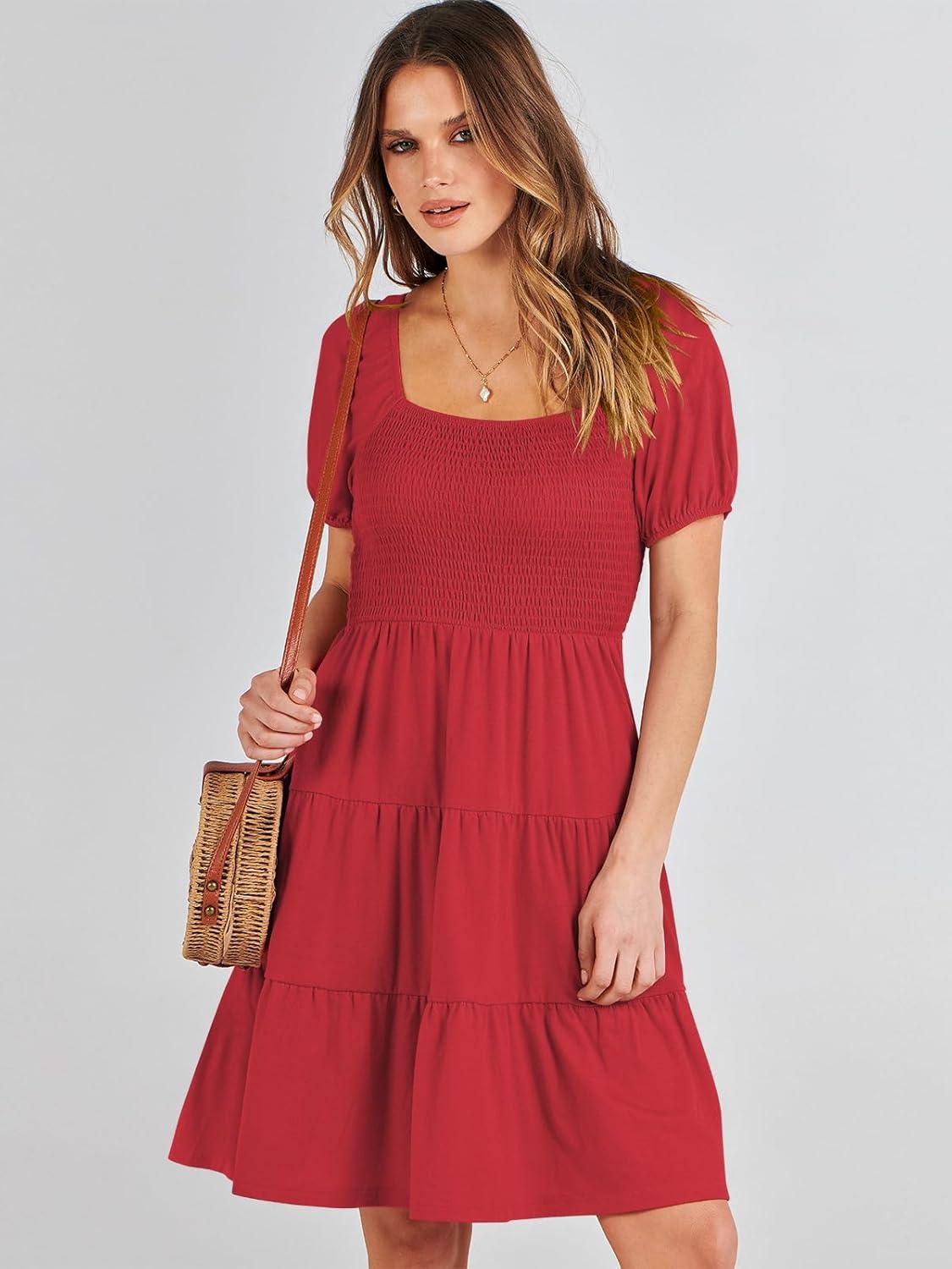 imageANRABESS Womens 2025 Summer Casual Dress Square Neck Puff Sleeve Boho Beach Vacation Short DressRed