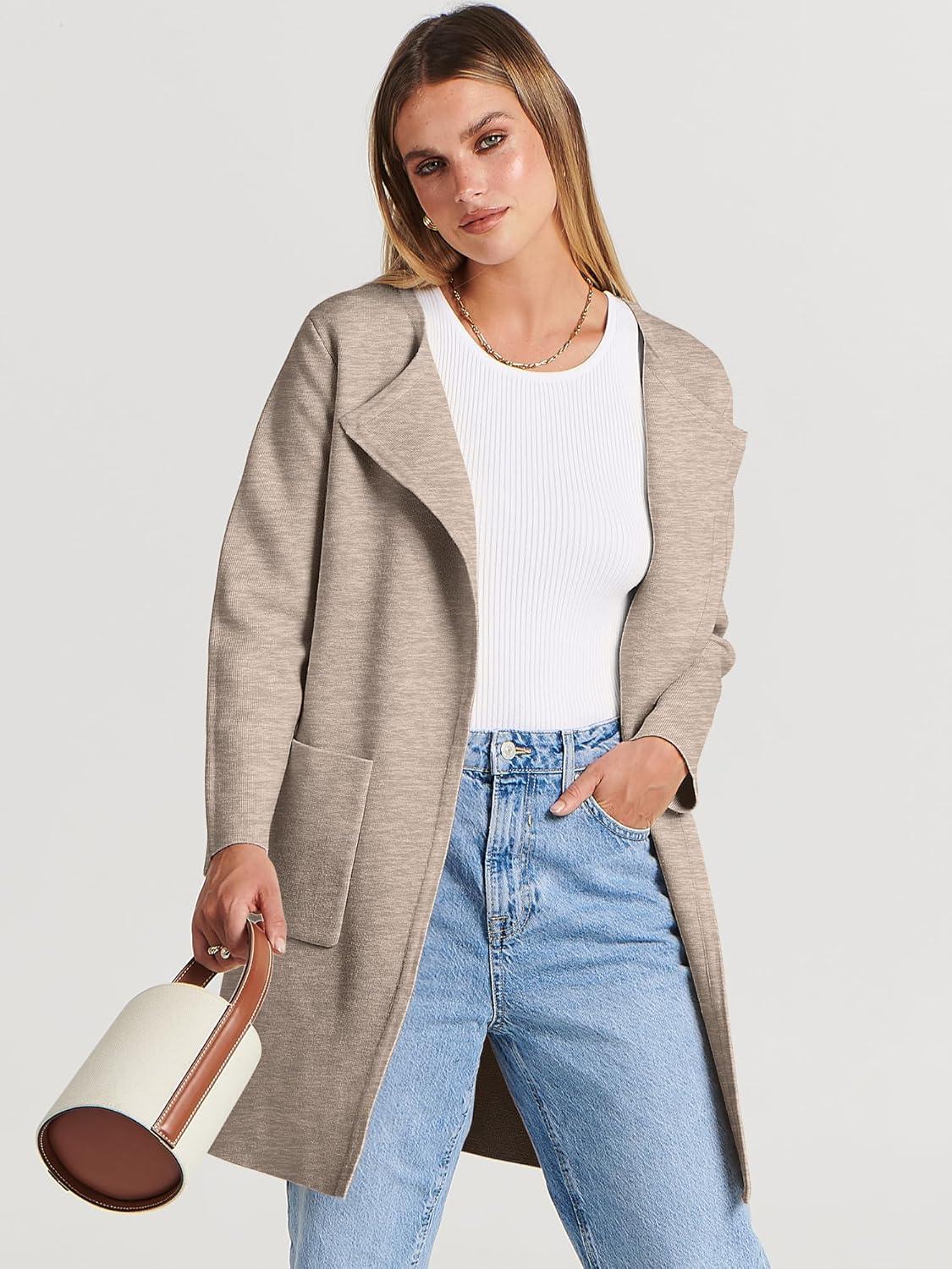 imageANRABESS Womens Cardigan Sweater Open Front Knit Long Coatigan Dressy Casual Jacket Coat 2025 Fall Outfits Classy ClothesDeep Apricort