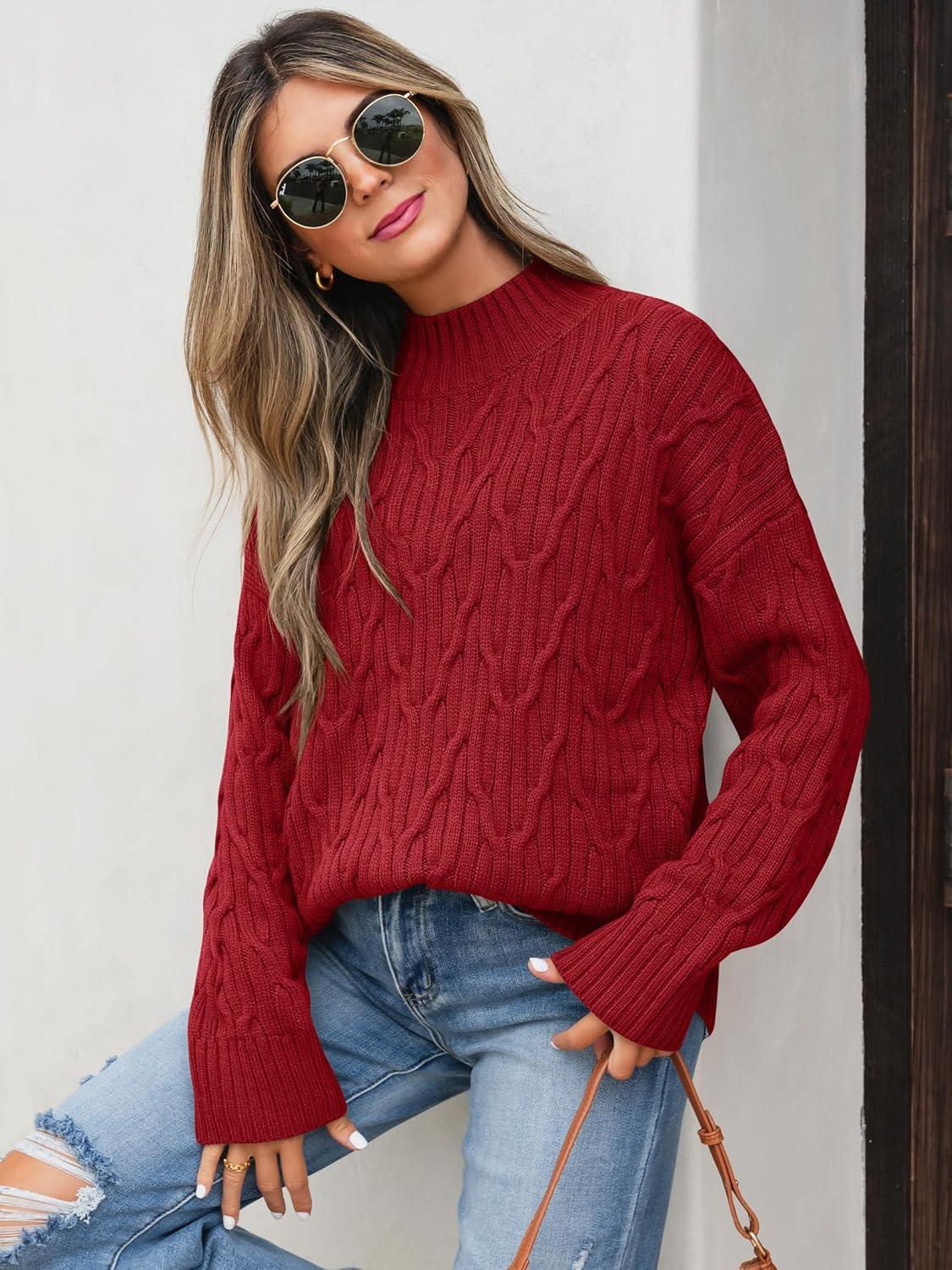 imageANRABESS Womens Mock Turtle Neck Sweaters Cable Knit Long Sleeve 2025 Fall Winter Tunic Sweater Red Medium