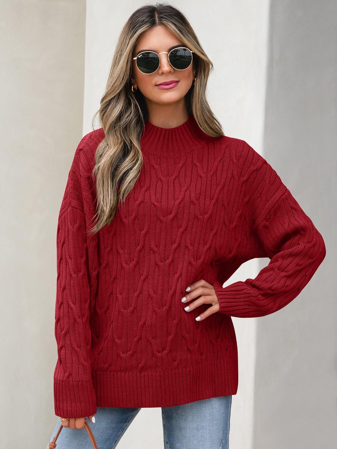 imageANRABESS Womens Mock Turtle Neck Sweaters Cable Knit Long Sleeve 2025 Fall Winter Tunic Sweater Red Medium
