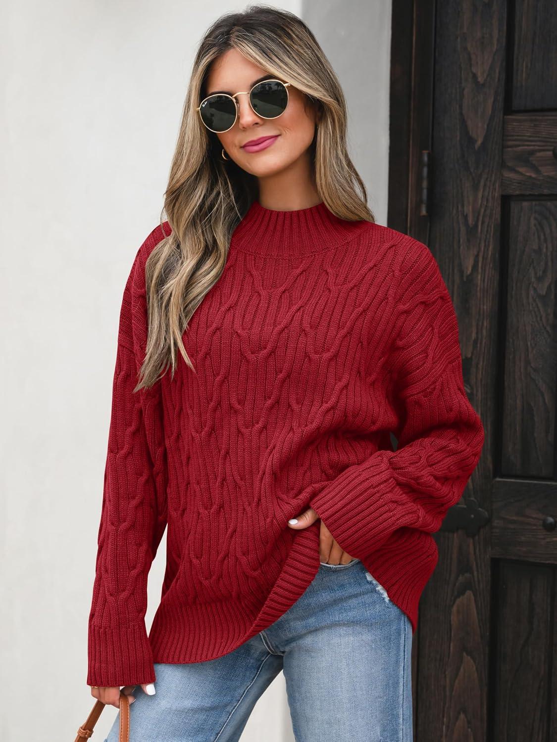 imageANRABESS Womens Mock Turtle Neck Sweaters Cable Knit Long Sleeve 2025 Fall Winter Tunic Sweater Red Medium