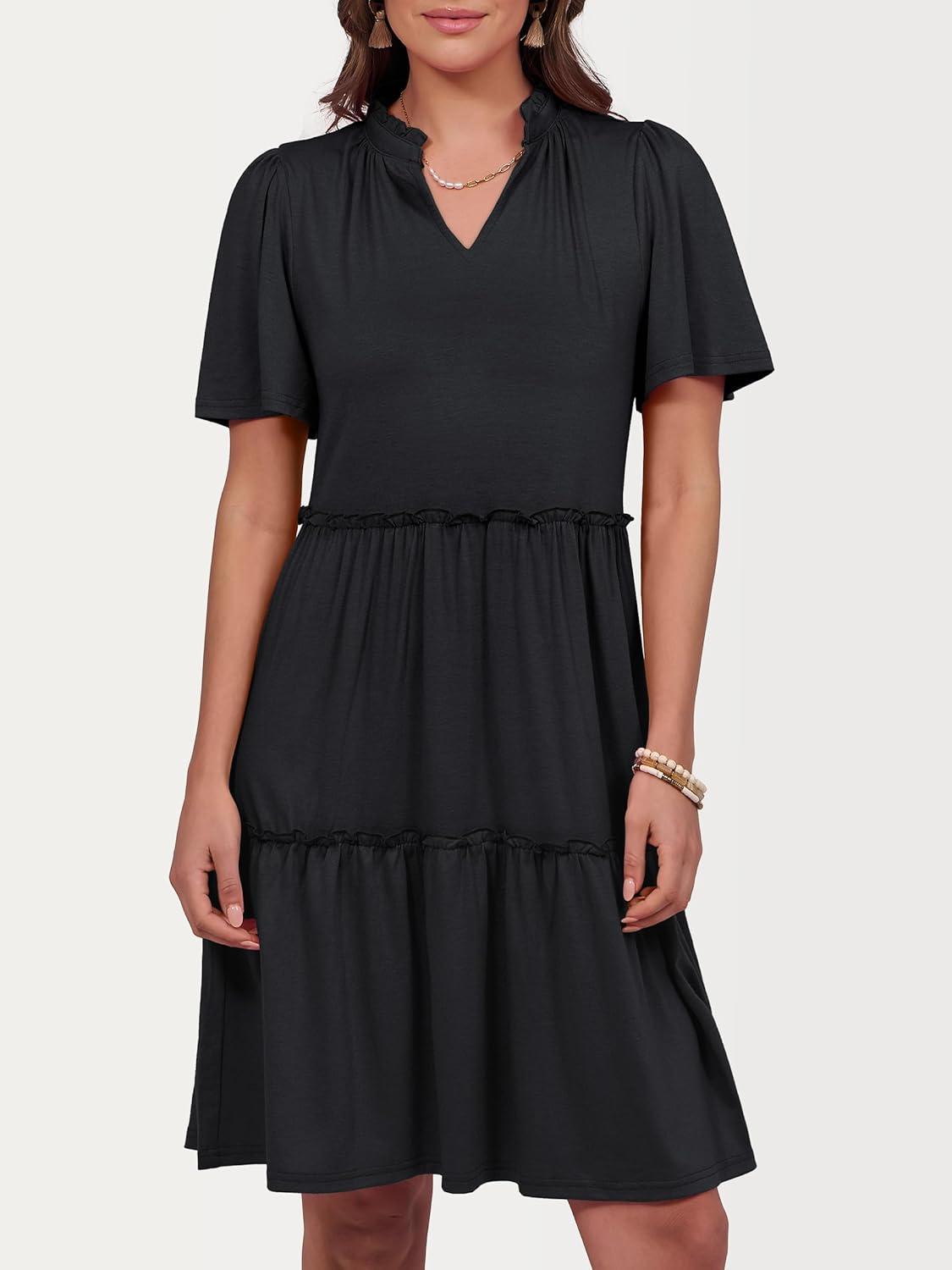 imageANRABESS Womens Summer Casual Short Sleeve V Neck A line Tunic Dress Flowy Tiered Babydoll Mini Dress Beach Vacation Outfits