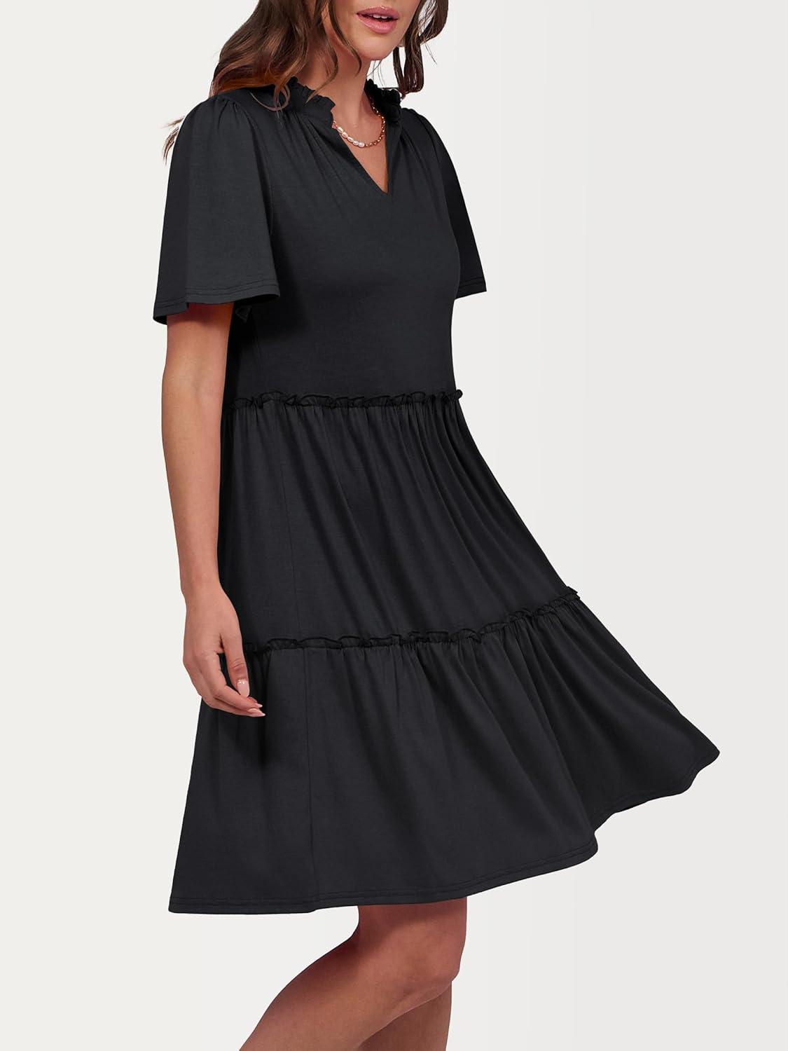 imageANRABESS Womens Summer Casual Short Sleeve V Neck A line Tunic Dress Flowy Tiered Babydoll Mini Dress Beach Vacation Outfits