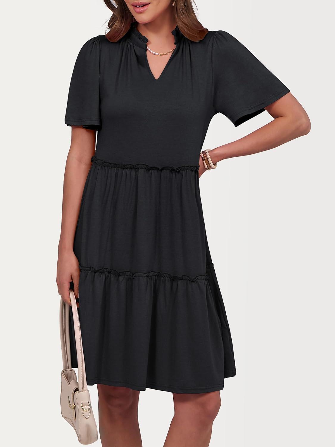 imageANRABESS Womens Summer Casual Short Sleeve V Neck A line Tunic Dress Flowy Tiered Babydoll Mini Dress Beach Vacation Outfits