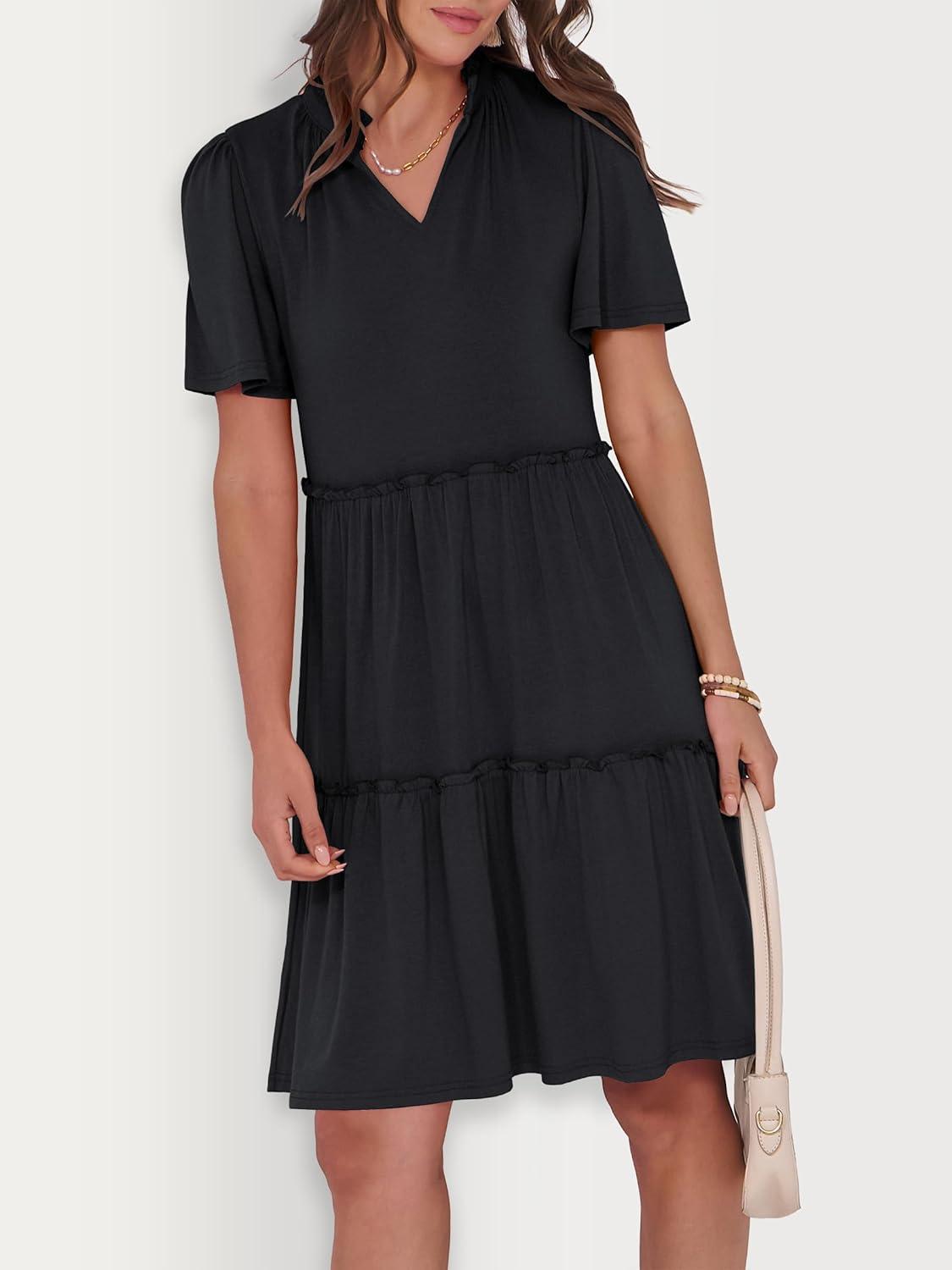 imageANRABESS Womens Summer Casual Short Sleeve V Neck A line Tunic Dress Flowy Tiered Babydoll Mini Dress Beach Vacation Outfits