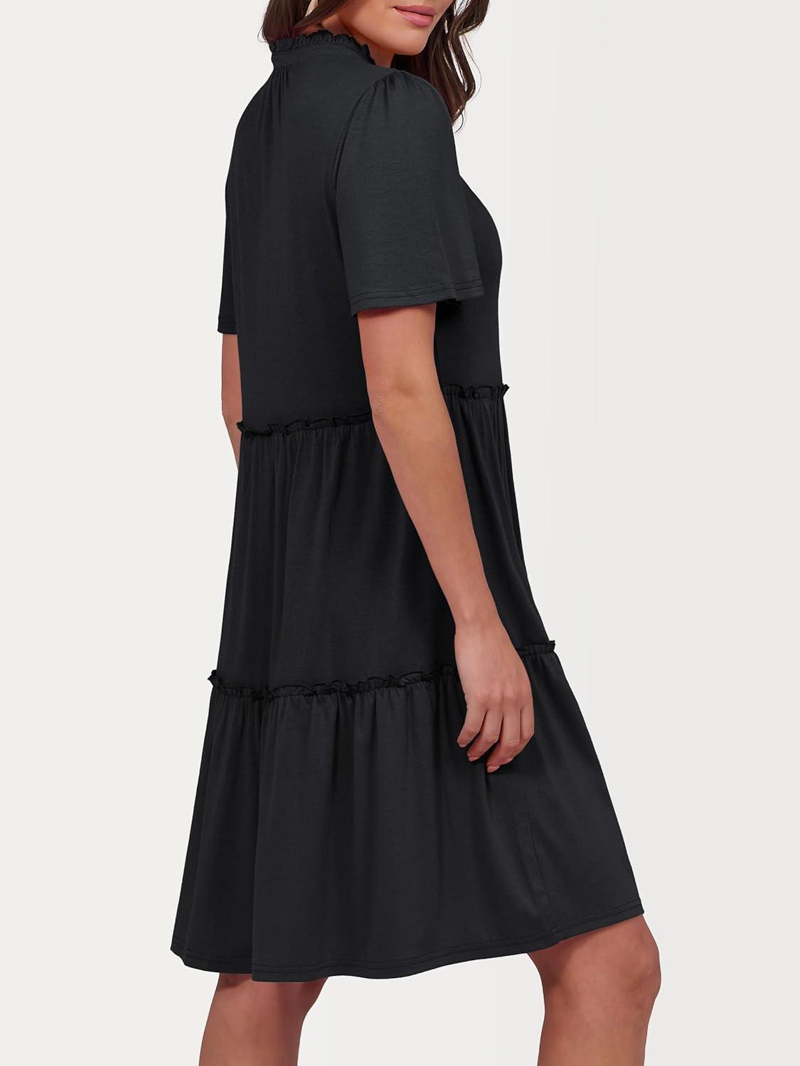 imageANRABESS Womens Summer Casual Short Sleeve V Neck A line Tunic Dress Flowy Tiered Babydoll Mini Dress Beach Vacation Outfits