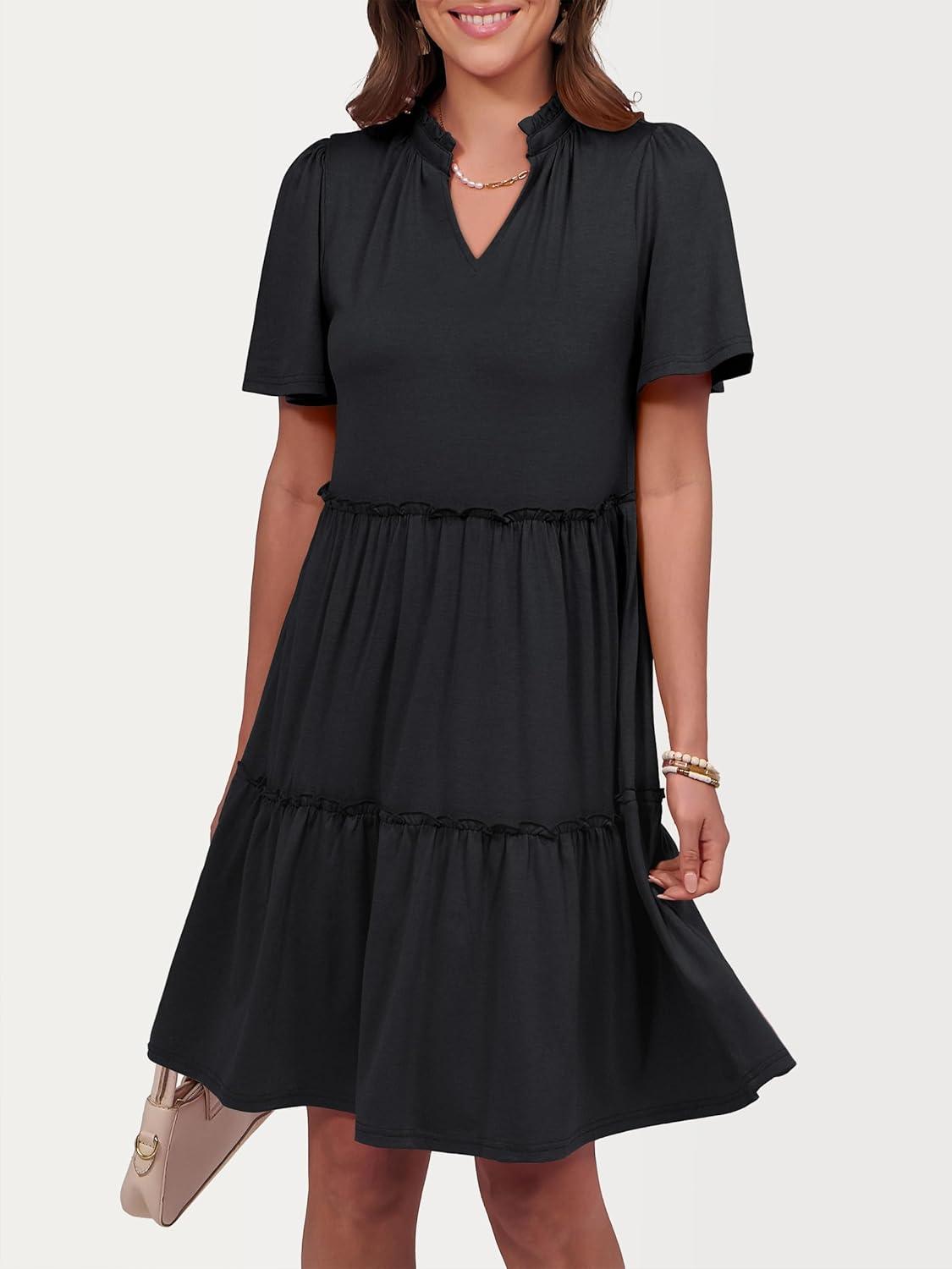 imageANRABESS Womens Summer Casual Short Sleeve V Neck A line Tunic Dress Flowy Tiered Babydoll Mini Dress Beach Vacation Outfits