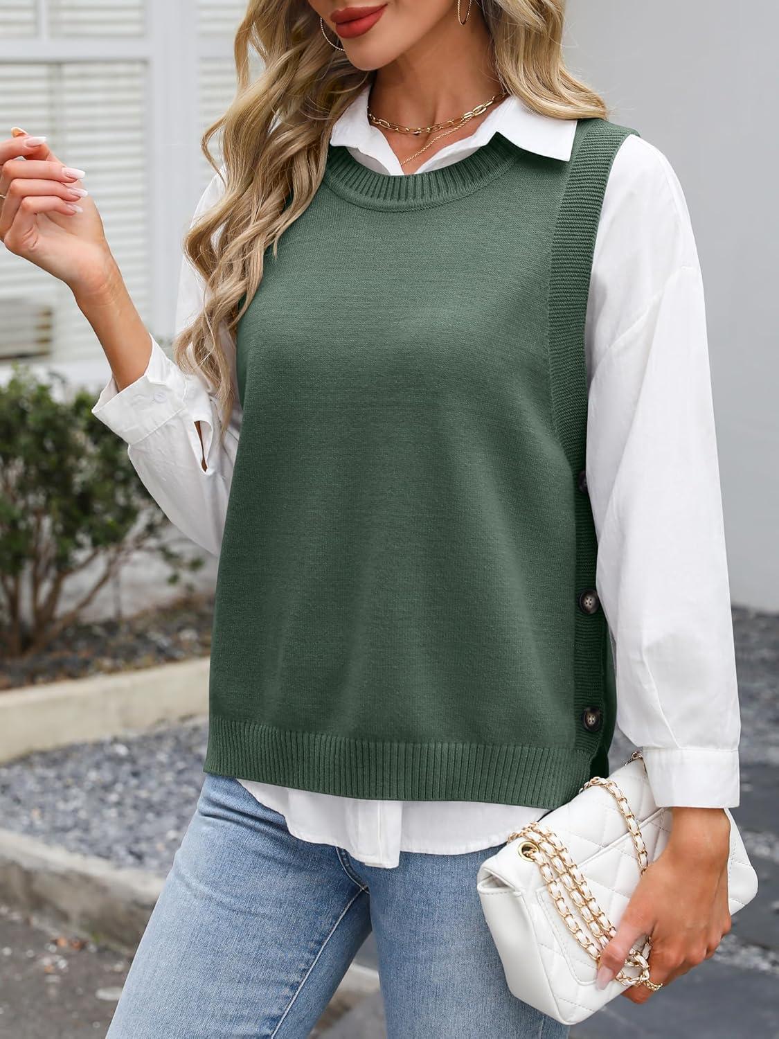 imageANRABESS Womens Sweater Vest Summer Sleeveless Crewneck Ribbed Knit Side Button Loose Pullover Tank Tops 2025 Fall OutfitsGreen