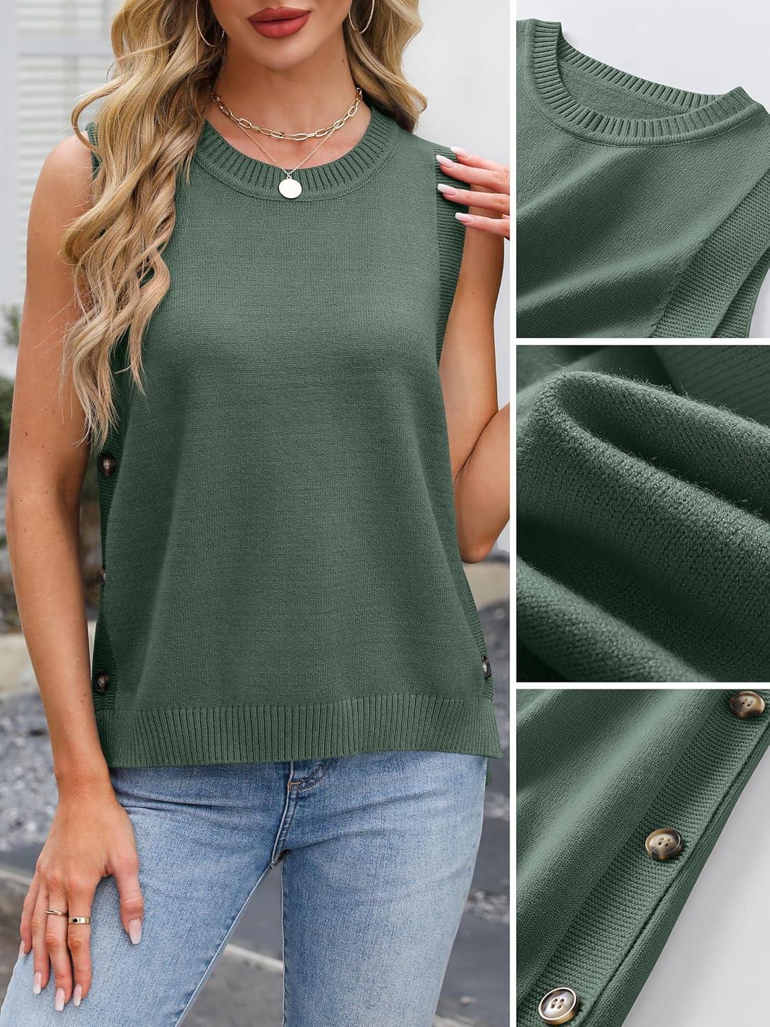 imageANRABESS Womens Sweater Vest Summer Sleeveless Crewneck Ribbed Knit Side Button Loose Pullover Tank Tops 2025 Fall OutfitsGreen