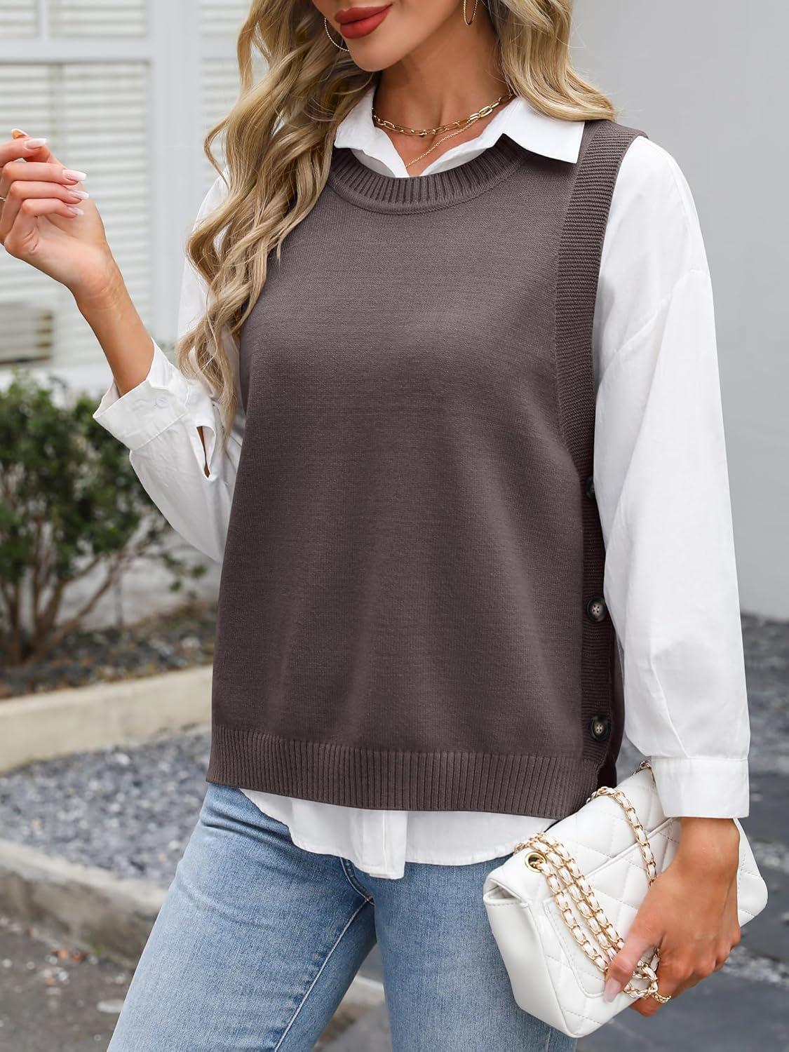 imageANRABESS Womens Sweater Vest Summer Sleeveless Crewneck Ribbed Knit Side Button Loose Pullover Tank Tops 2025 Fall OutfitsNutmeg