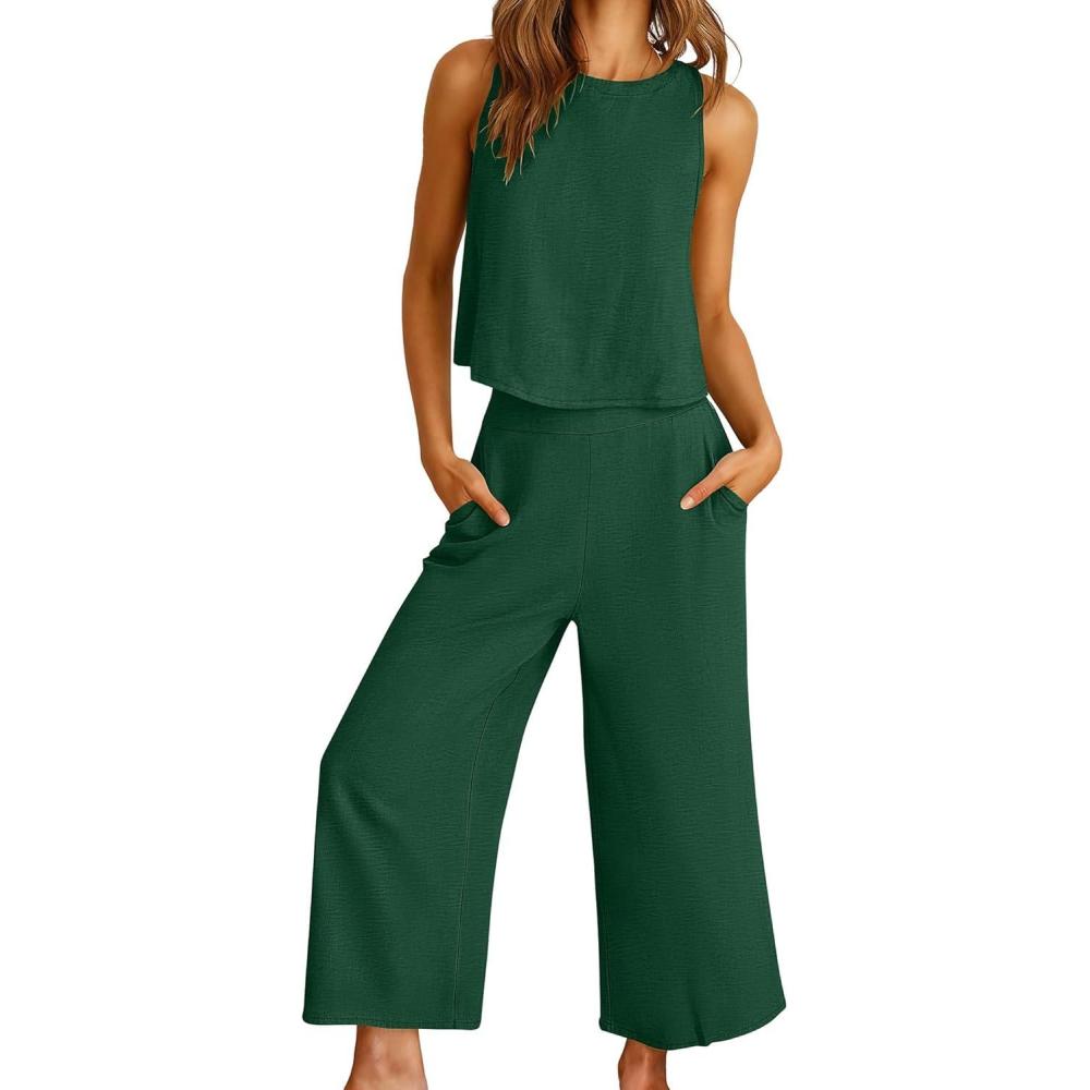 imageANRABESS Women Lounge Sets 2 Piece Outfits Summer Sleeveless Crop Tops Capri Wide Leg Pants Vacation Beach Travel SetsDark Green