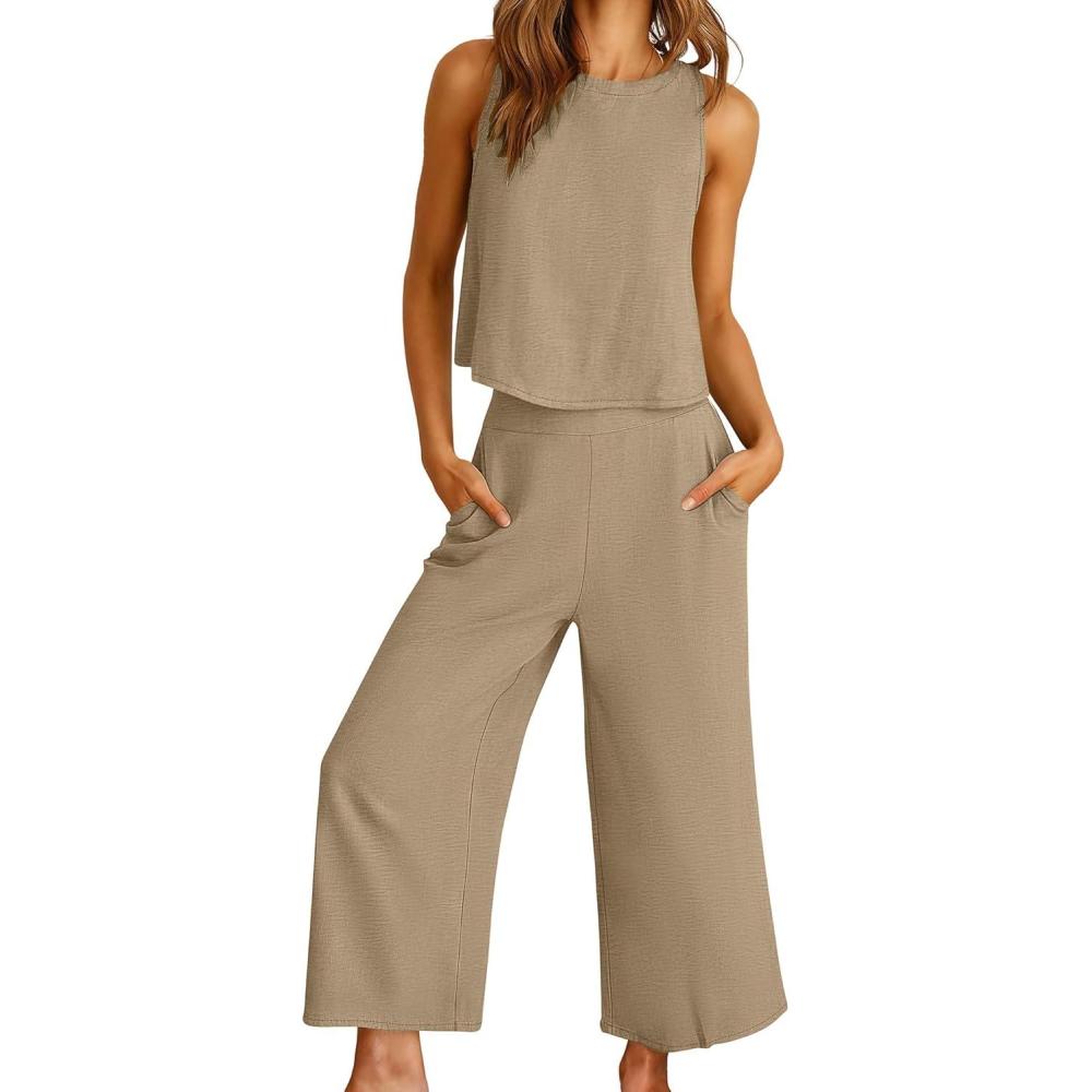 imageANRABESS Women Lounge Sets 2 Piece Outfits Summer Sleeveless Crop Tops Capri Wide Leg Pants Vacation Beach Travel SetsYellow Khaki