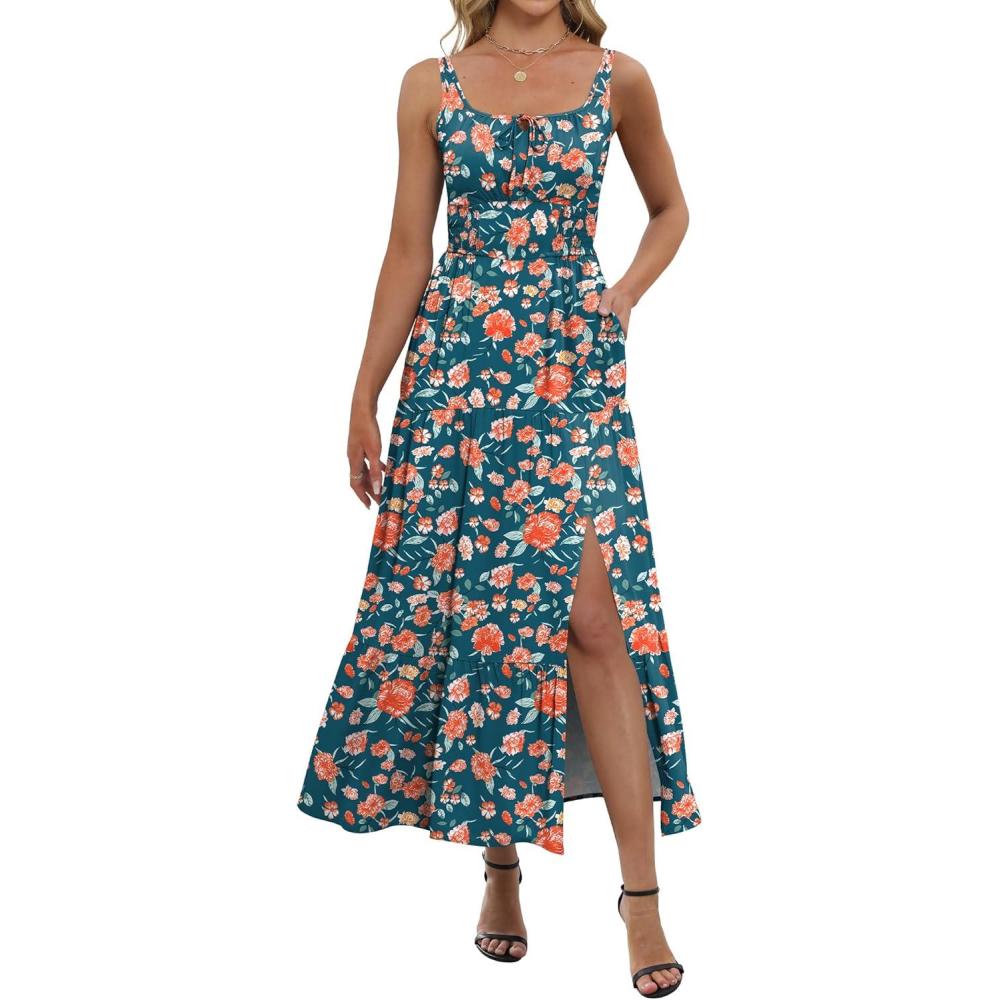 imageANRABESS Women Summer Maxi Dress 2025 Square Neck Sleeveless Casual Boho Floral High Waist Slit Travel Vacation SundressFloral Teal