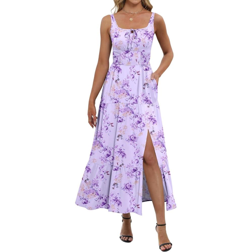 imageANRABESS Women Summer Maxi Dress 2025 Square Neck Sleeveless Casual Boho Floral High Waist Slit Travel Vacation SundressLight Purple Floral