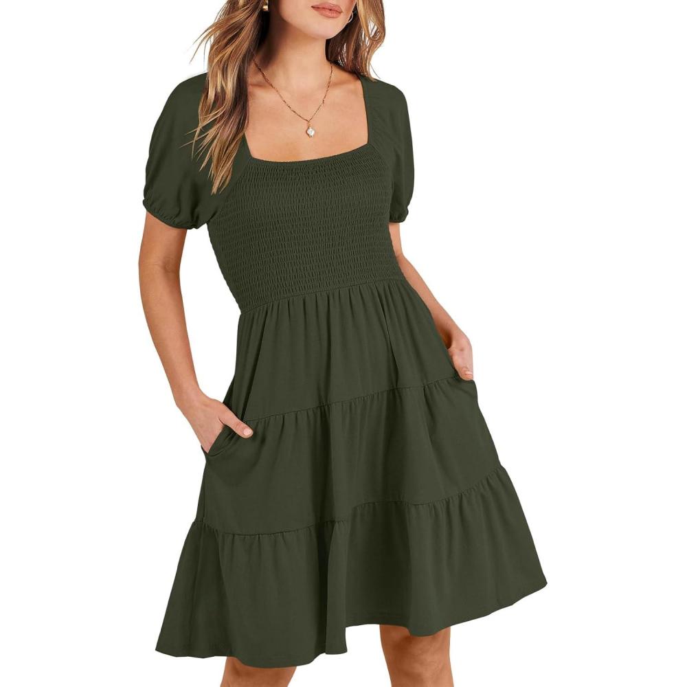 imageANRABESS Womens 2025 Summer Casual Dress Square Neck Puff Sleeve Boho Beach Vacation Short DressArmy Green