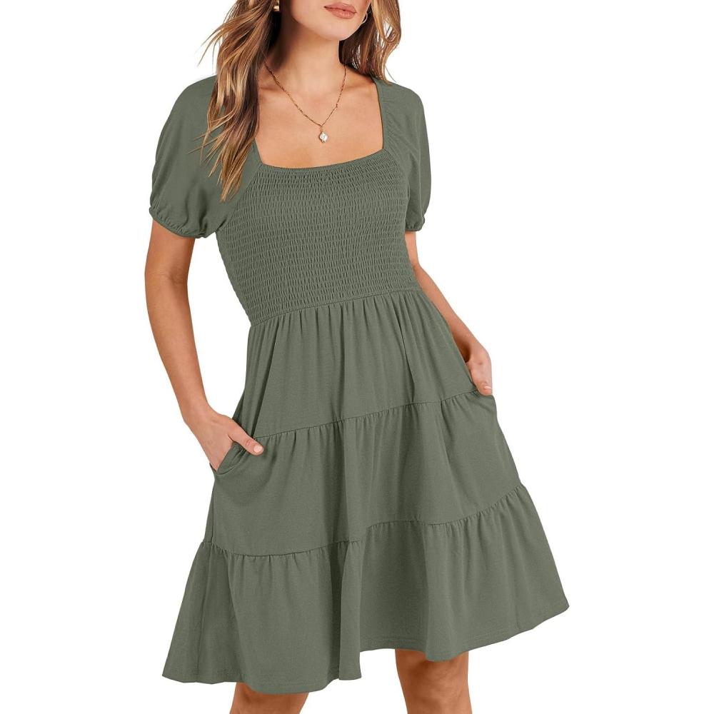 imageANRABESS Womens 2025 Summer Casual Dress Square Neck Puff Sleeve Boho Beach Vacation Short DressOlive Green