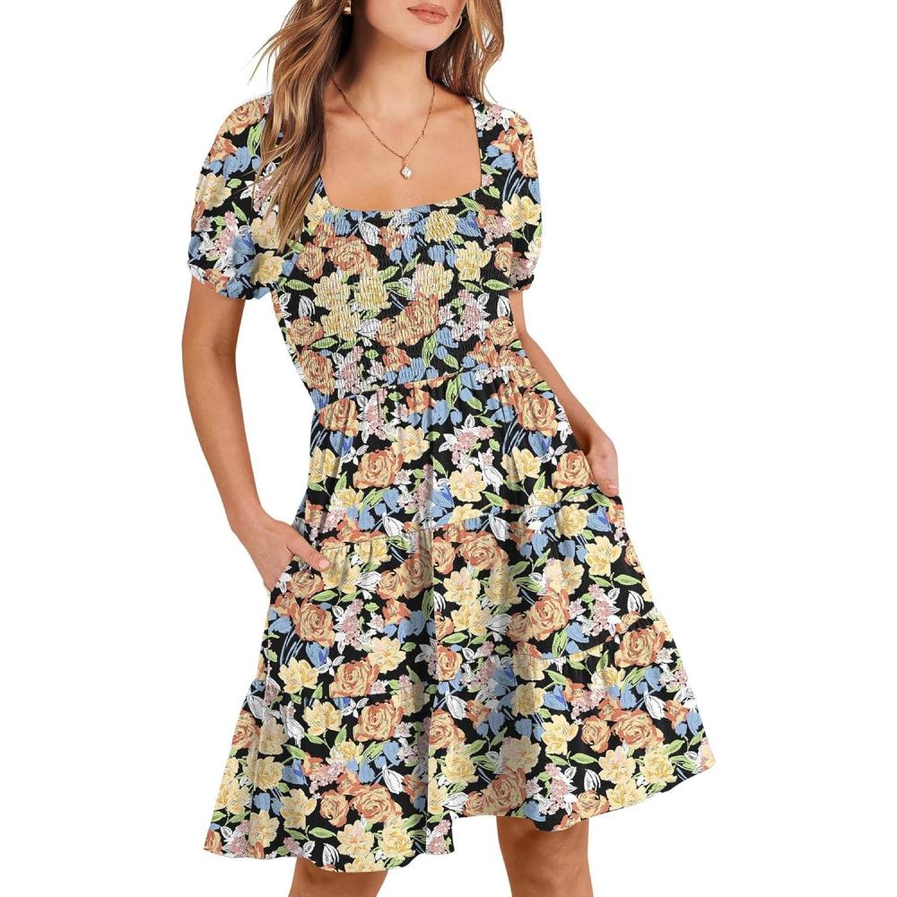 imageANRABESS Womens 2025 Summer Casual Dress Square Neck Puff Sleeve Boho Beach Vacation Short DressOrange Floral