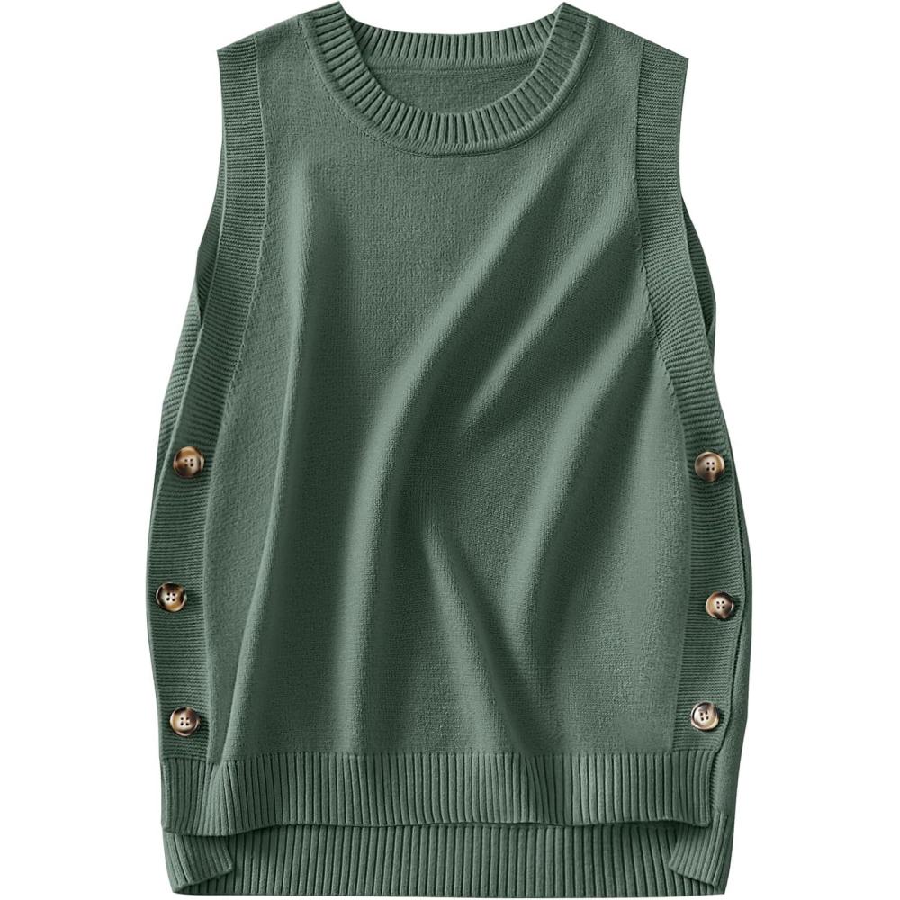 imageANRABESS Womens Sweater Vest Summer Sleeveless Crewneck Ribbed Knit Side Button Loose Pullover Tank Tops 2025 Fall OutfitsGreen