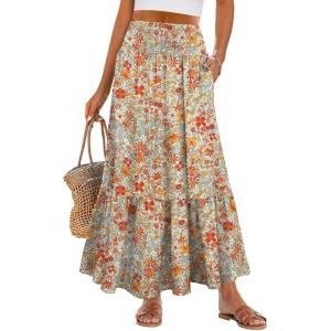 imageANRABESS Maxi Skirts for Women 2025 Summer Boho Long Flowy Floral Elastic High Waist Skirt Casual Travel Skirt with PocketsOrange Red Floral