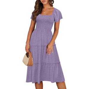 imageANRABESS Women Summer Casual Square Neck Flutter Sleeve Boho Smocked ALine Flowy Tiered Modest Midi Sun Dress with PocketsLight Purple