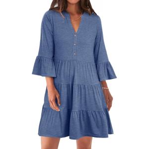 imageANRABESS Women Summer Mini Dress V Neck Swing Tiered A Line Short Casual Beach Dresses with Pockets 2025 Vacation Large Deep Blue