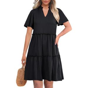 imageANRABESS Womens Summer Casual Short Sleeve V Neck A line Tunic Dress Flowy Tiered Babydoll Mini Dress Beach Vacation Outfits